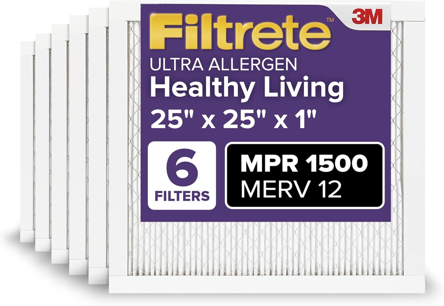 Filtrete 25x25x1 AC Furnace Air Filter, MERV 12, MPR 1500, CERTIFIED asthma & allergy friendly, 3 Month Pleated 1-Inch Electrostatic Air Cleaning Filter, 6-Pack (Actual Size 24.81x24.81x0.78 in)