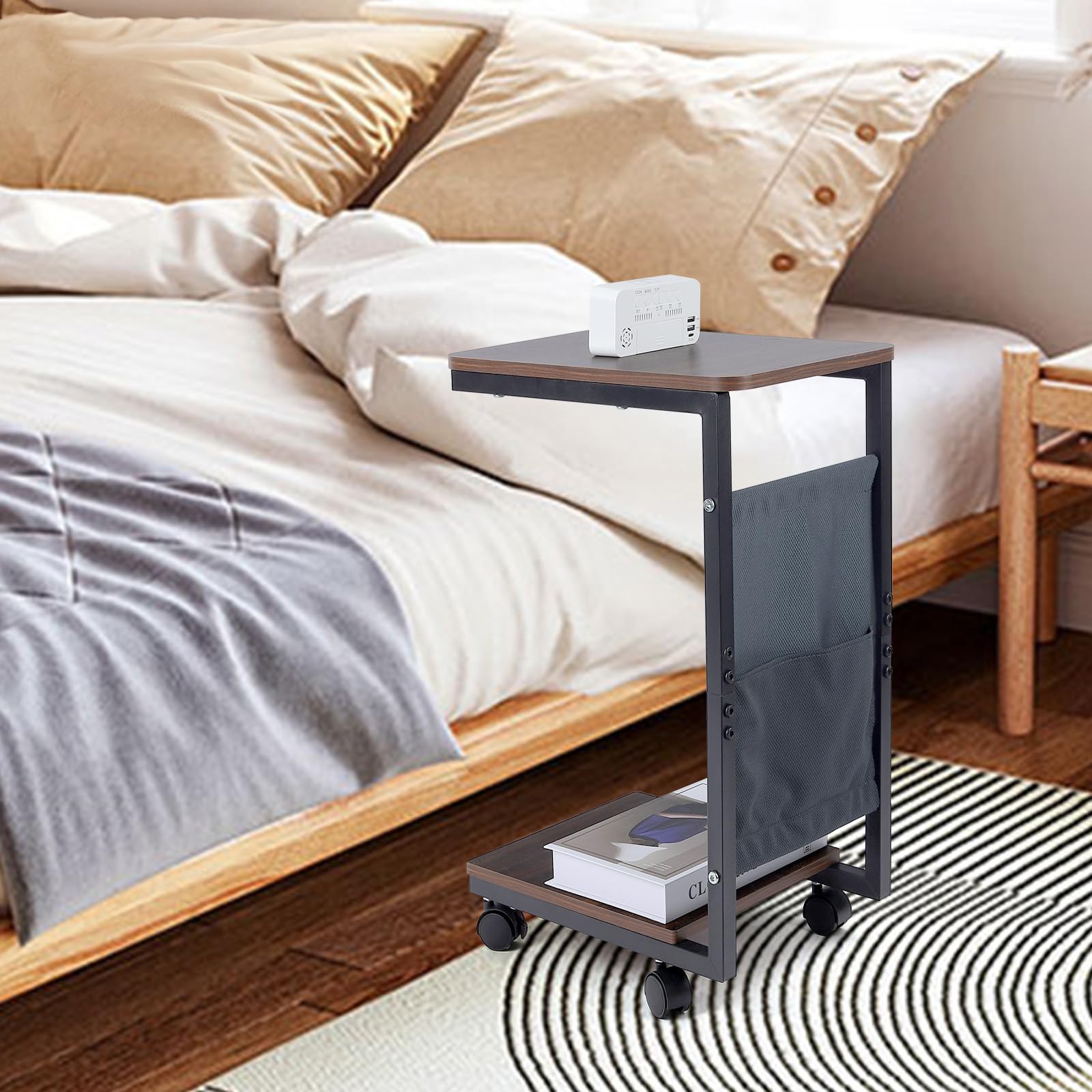 comfoyar Tavolino a Forma di C con Ruote, Tavolino da Divano in Legno per Sedia Reclinabile, Tavolini da Caffè a Mobile con Borsa Portaoggetti per Piccoli Spazi, Soggiorno, Camera da Letto, Ufficio