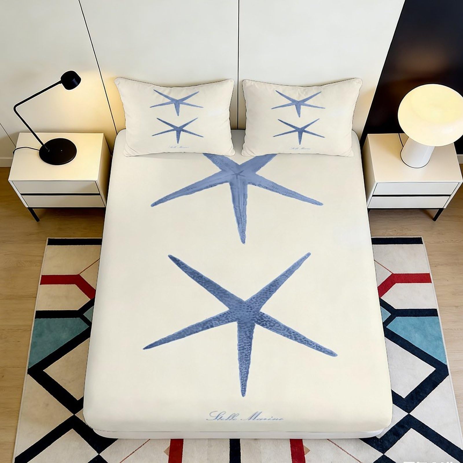 3D Printed Blue Starfish Fitted Sheet Microfiber Anti-Slip Bedroom Decor Sand Pattern Mattress Cover Machine Washable 90x200x25cm