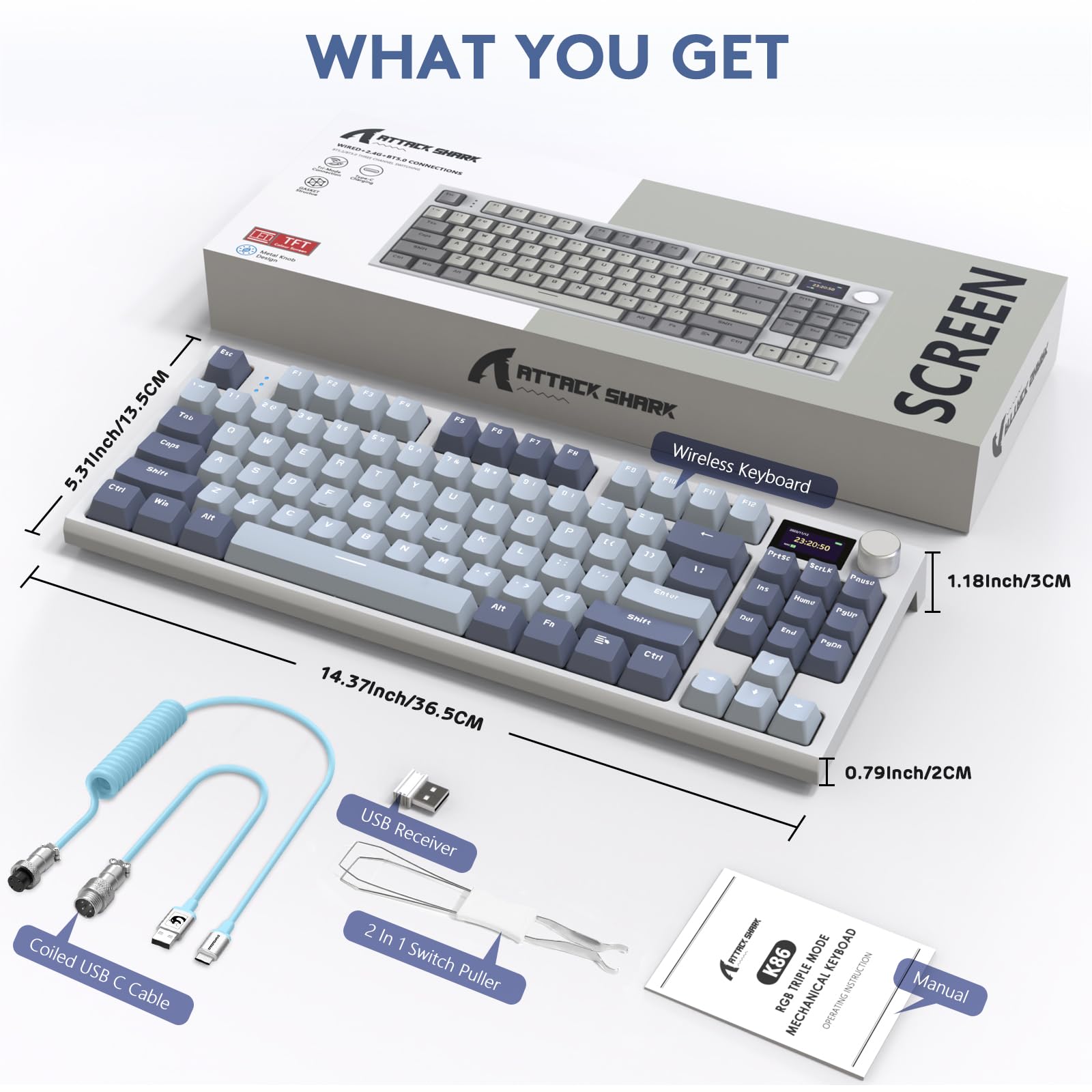 ATTACK SHARK K86 Tastiera Meccanica Wireless, Tastiera da Gioco 2.4G/BT5.0/USB-C Cablata, 75% Layout TKL 87 Tasti QWERTY, Display a Colori TFT HD da 1,2'' e CNC Knob, Hot-swap RGB Backlit - Blu