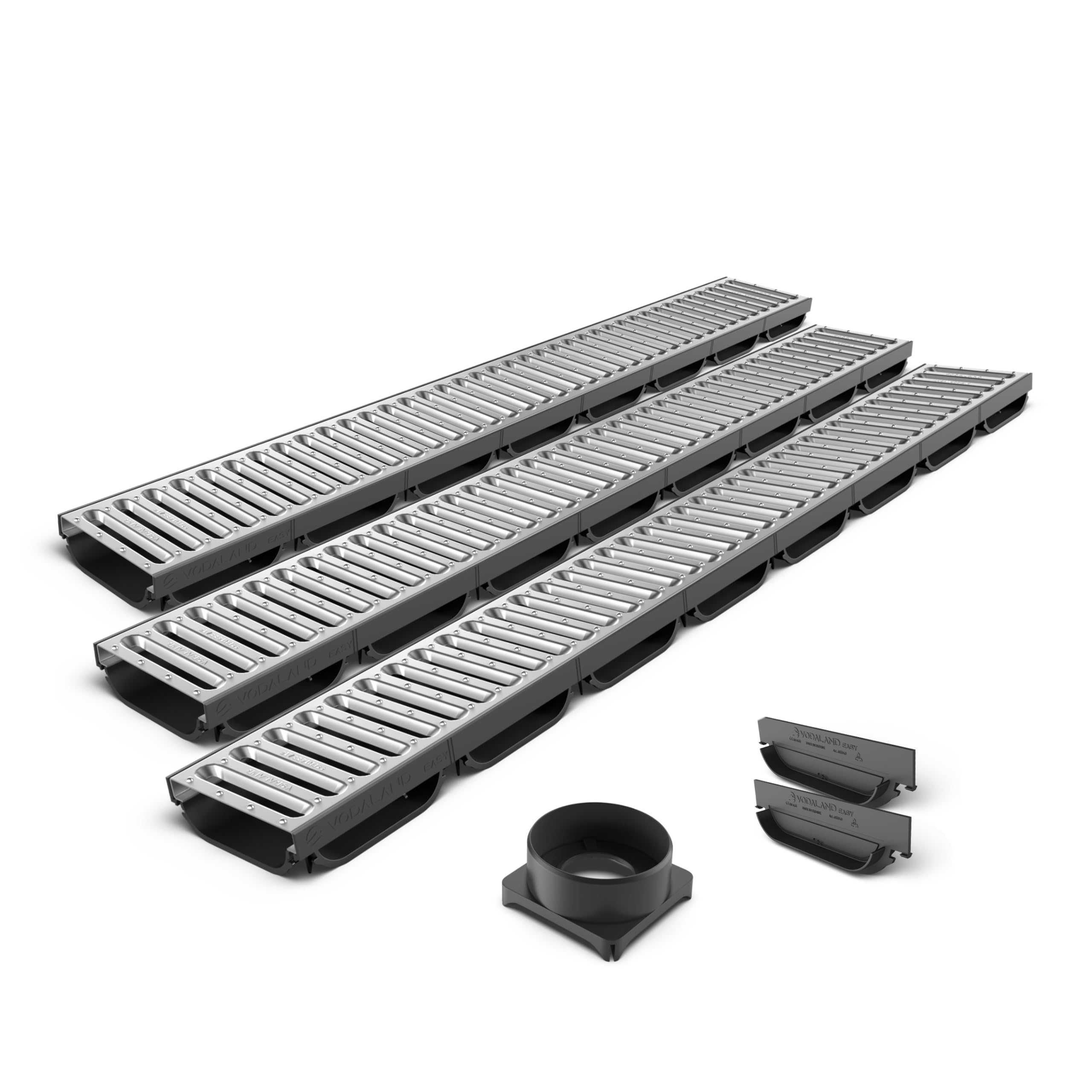Vodaland EASY Low Plastic channel drain kit with galvanised steel grating - load class A15 (3 Pack)