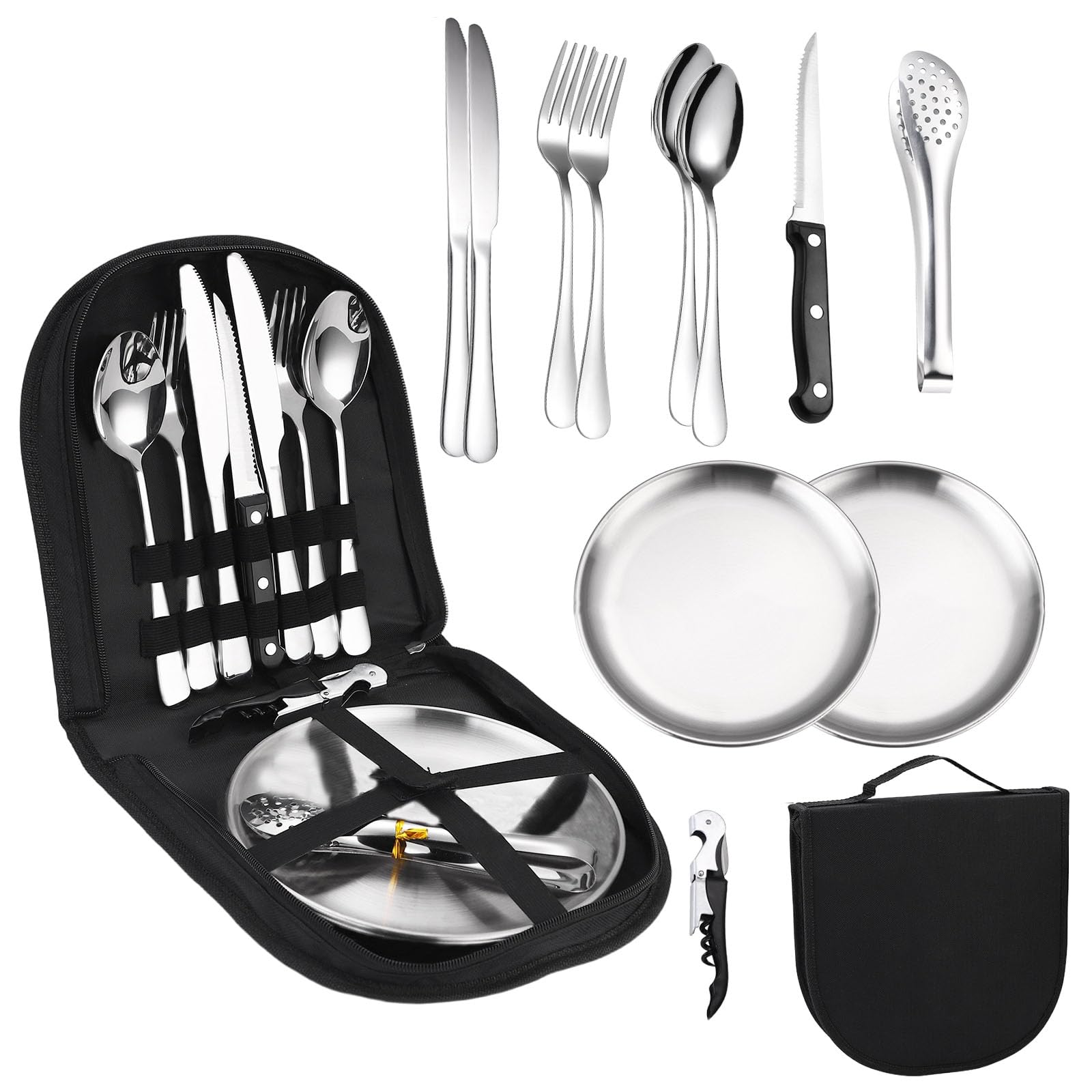 Set di posate da campeggio, per 2 persone, 12 pezzi, in acciaio inox, con sacchetto da cucina