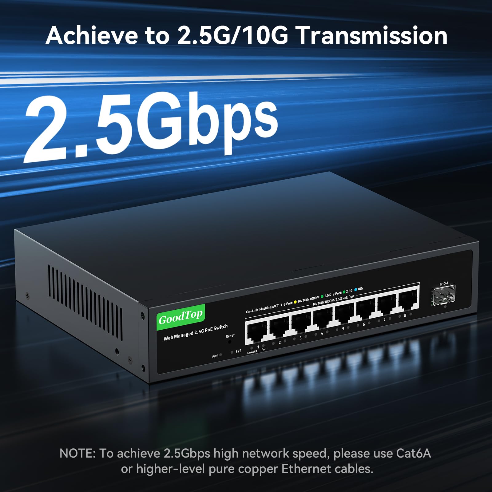 Switch PoE+ a 8 porte @135W, 8 x 2.5GBase-T e 1 x 10 Gb SFP+, switch da 2,5 Gb gestito per laboratorio domestico, Aggregazione VLAN/Link Aggregation/QoS/DHCP, alloggiamento in metallo, senza ventola