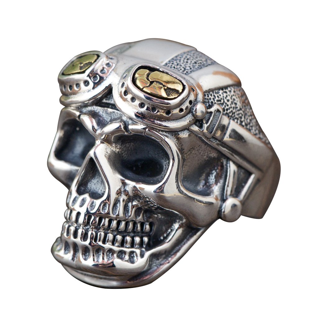 ForFox Anillo de Calavera piloto de Plata de Ley 925 gotico con Gafas Dorada para Hombre Mujer Abierto y Ajustable