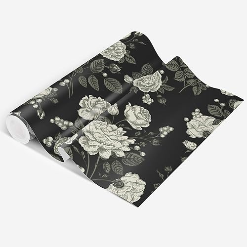 Miniatura 6 de UniGoos Papel tapiz de rosa gris y blanco para despegar y pegar, fondo negro retro, peonía, papel de pared extraíble, papel de contacto autoadhesivo