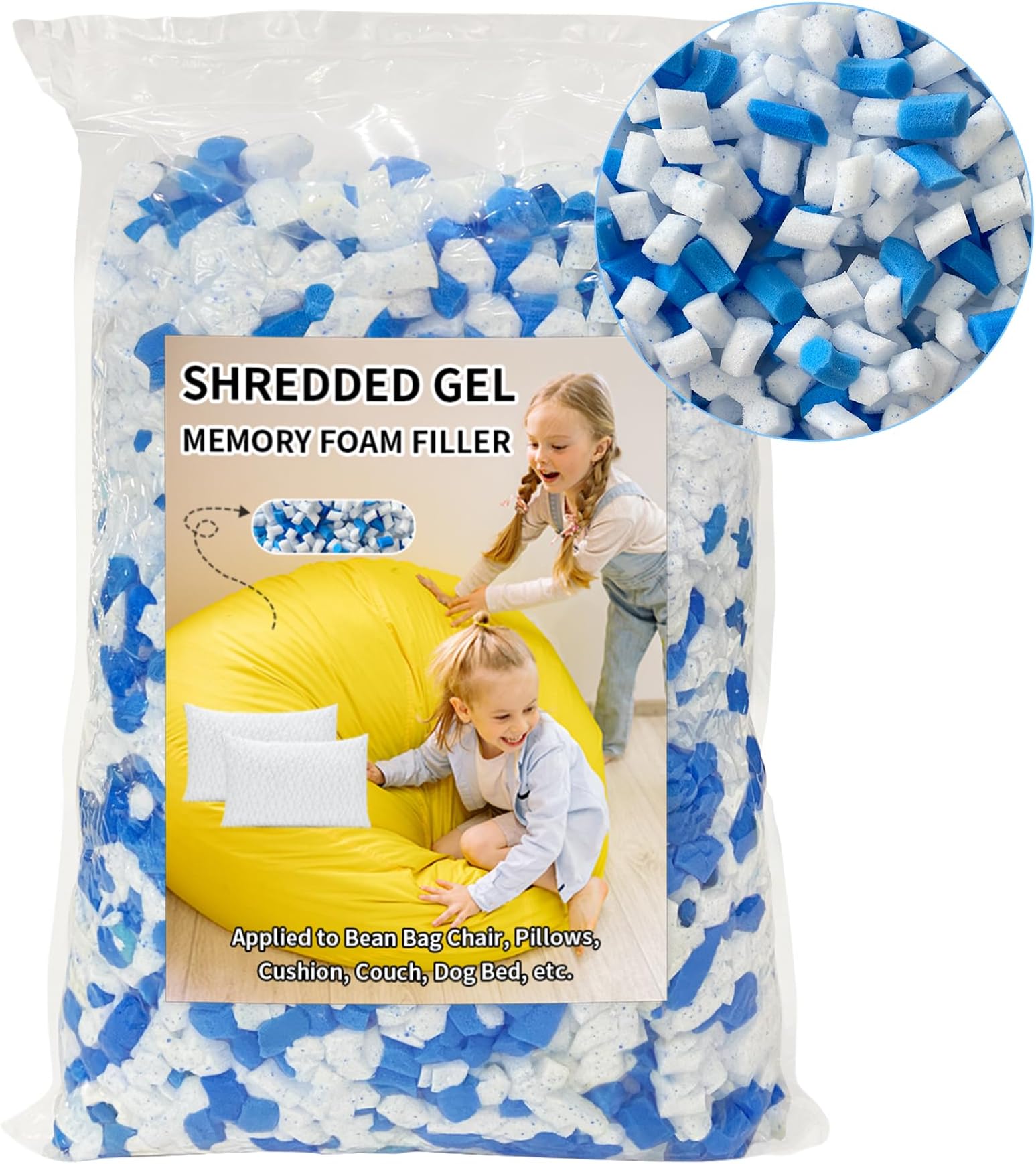 5lbs Shredded Gel Memory Foam Filler for Bean Bag Chair, Memory Foam Stuffing for Cooling Pillow, Couch, Pouf Beanbag Chair, Dog Bed, Cushion, Art Crafts
