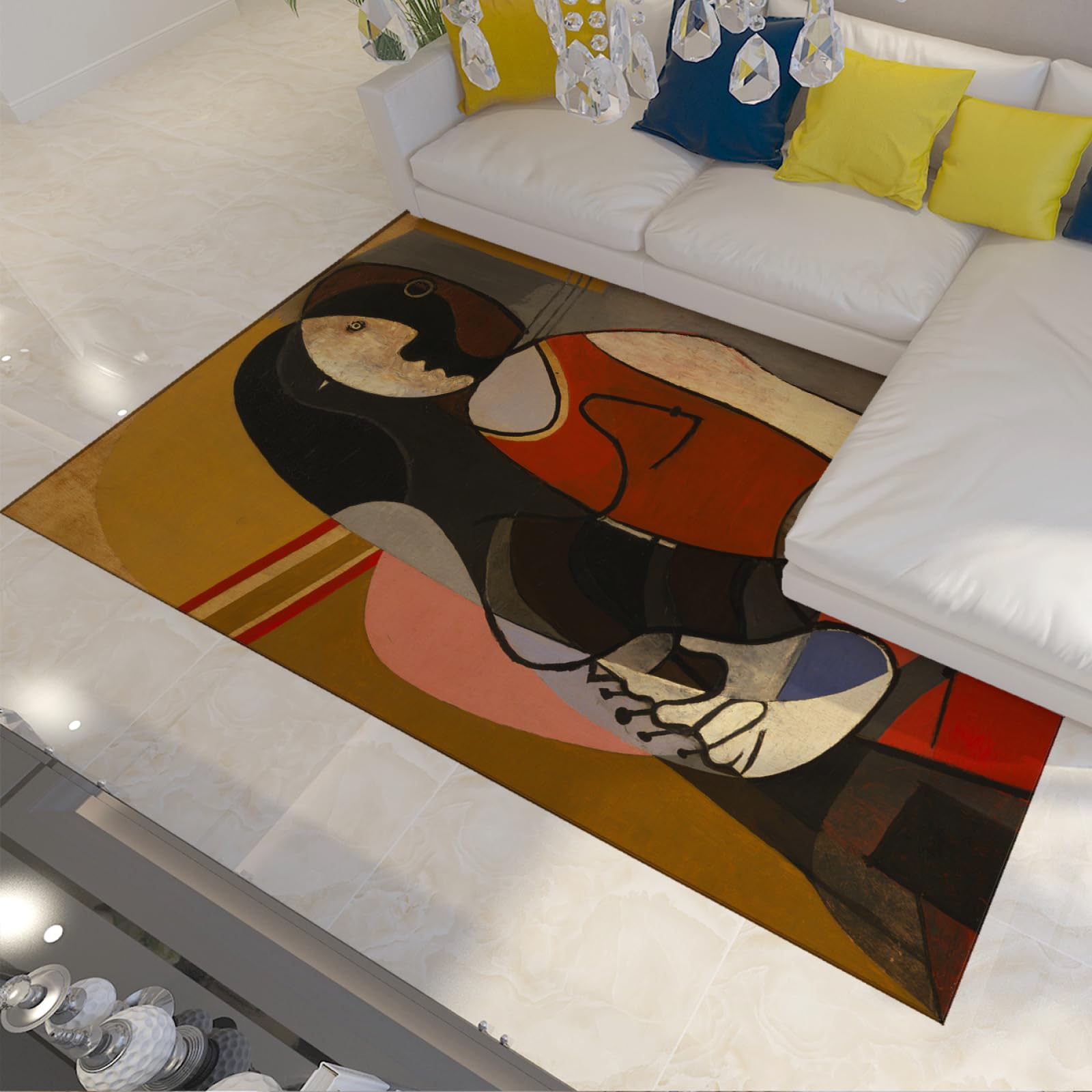 Tapis lavable style Picasso abstrait rouge antidérapant pour simplifier l'entretien du salon