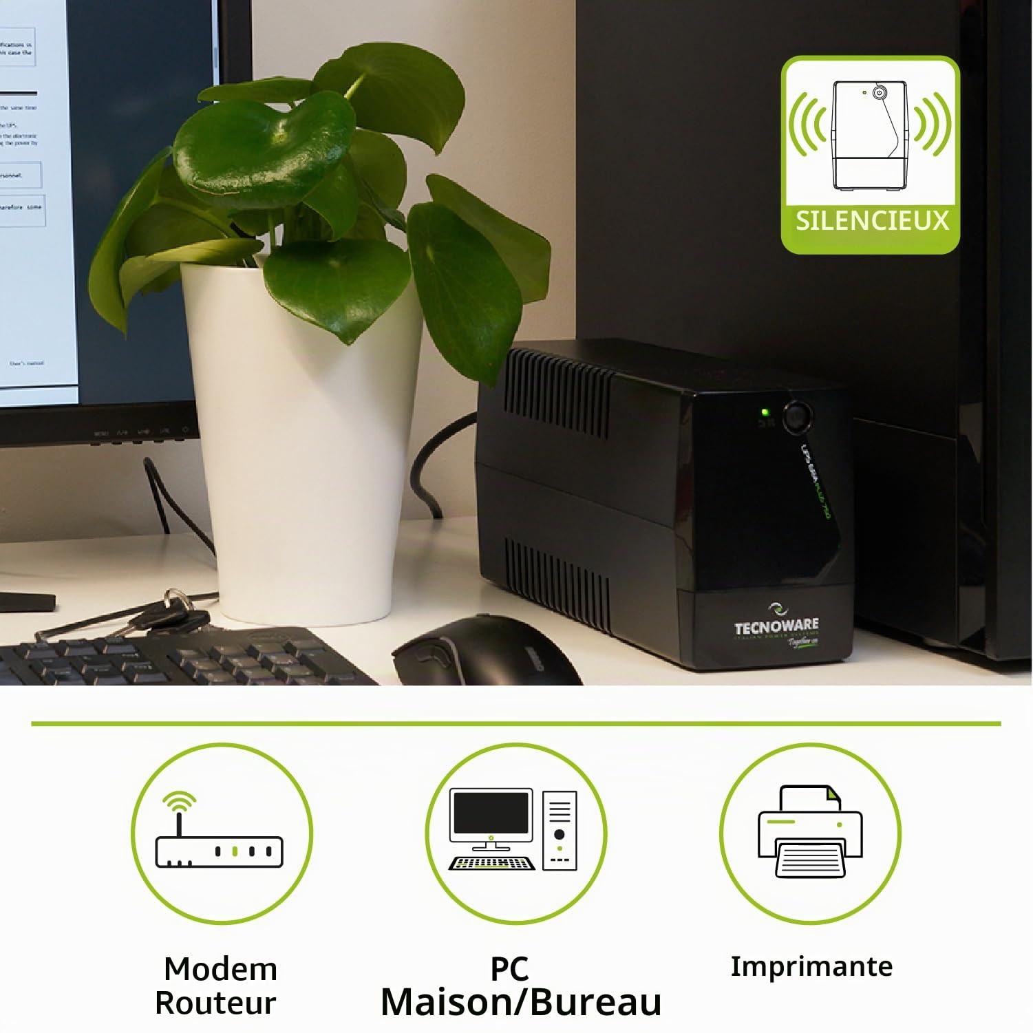 Tecnoware Power Systems UPS 750VA pour PC/Modem, pas pour gaming/console, onduleur ERA PLUS, 2 prises Schuko, protection surtension et coupure pour PC, modem, vidéosurveillance, caisse, NAS, POS
