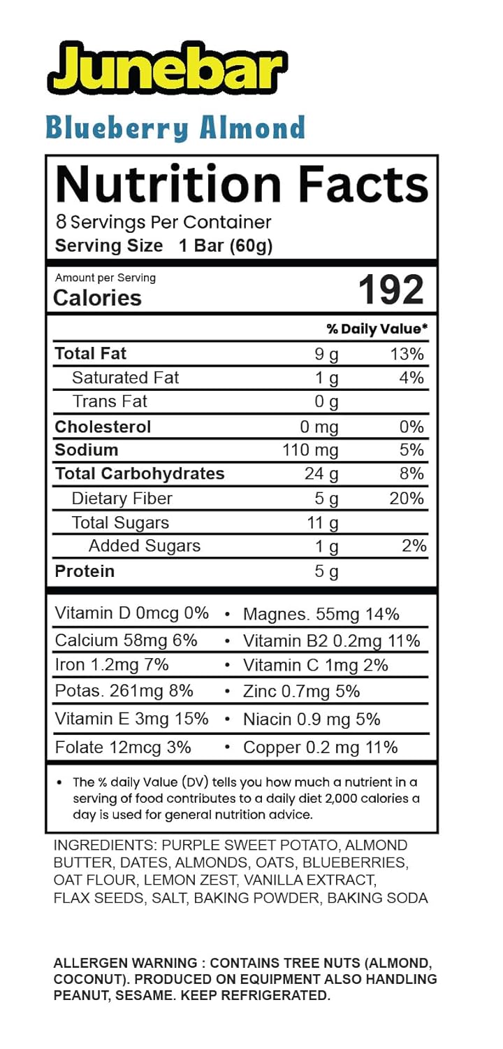 Junebar Seed-Oil Free Blueberry, Whole Food, Plant-Based Snack Bar - 8 count