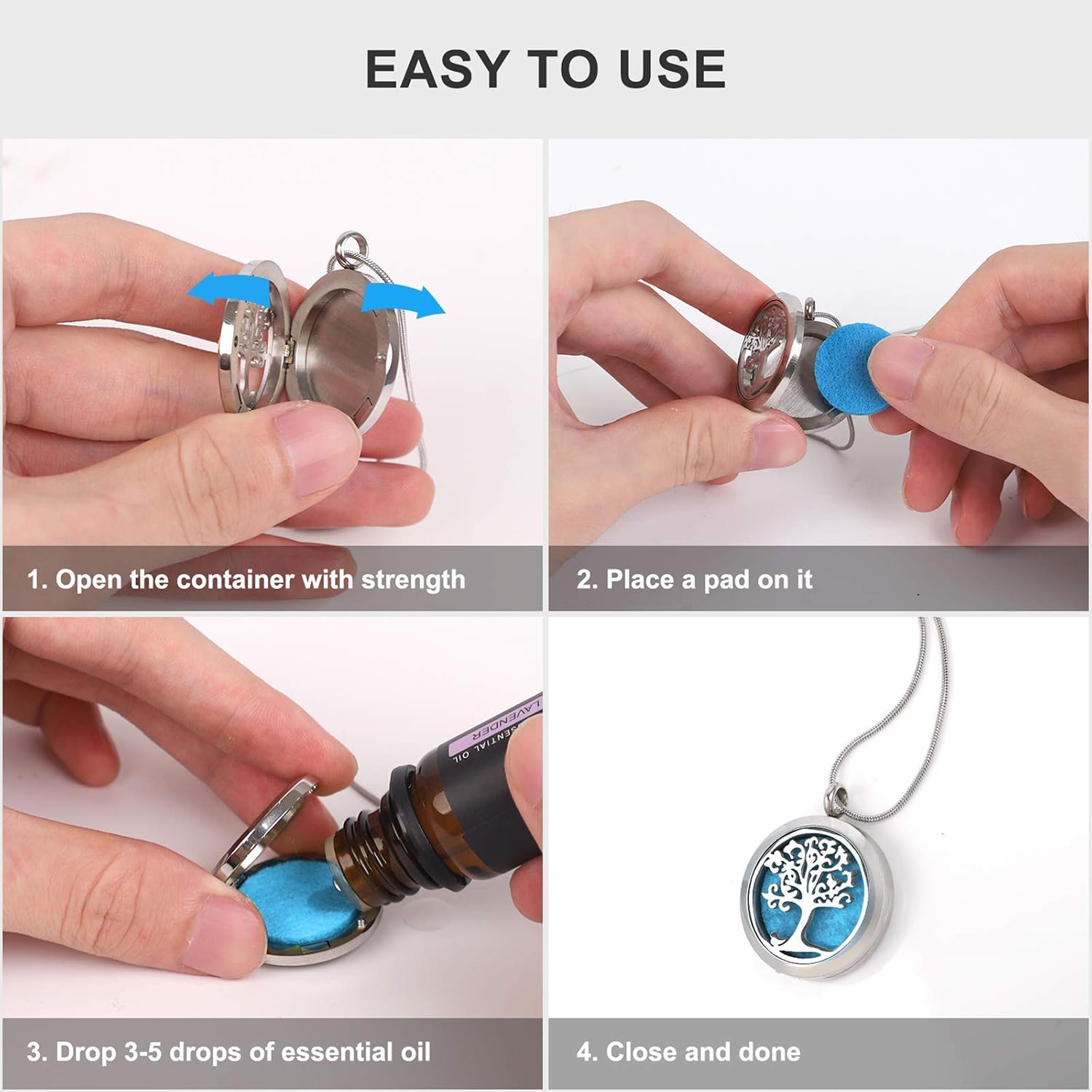 Faurora Aromatherapy Essential Oil Diffuser Necklace, Tree of Life 316L Stainless Steel Locket Pendant Jewelry, Gift Set with 4X5 ml Pure Essential Oils, 27.6" Adjustable Chain Perfume Necklace