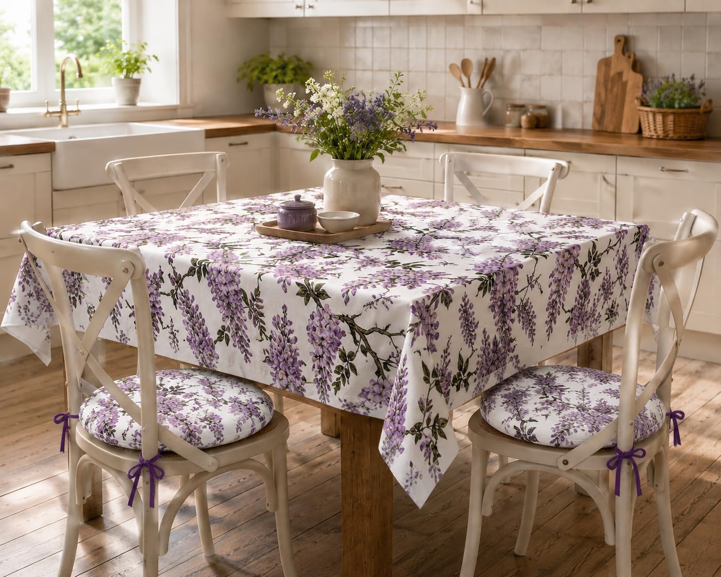 BOTTARO - Set 4 Cuscini Sedia Rotondi Con Cerniera a Fantasia in Puro Cotone Mercerizzato – Diametro 40 cm – Coprisedia Imbottito con Laccetti – Made in Italy - Art. Glicine