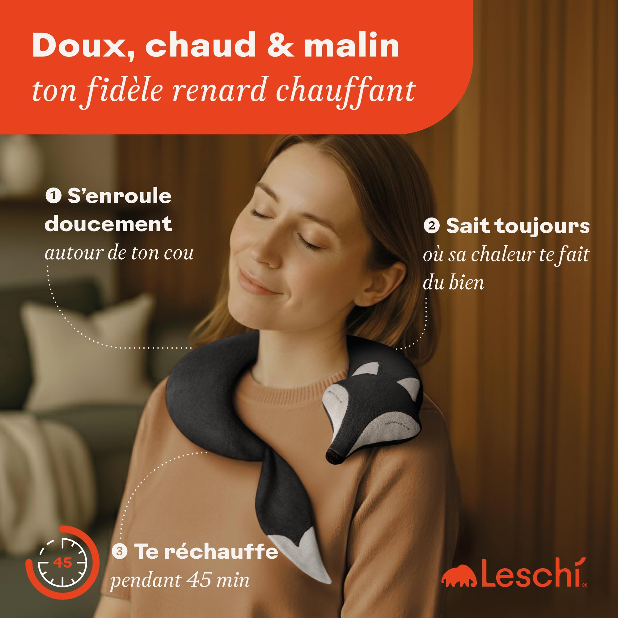 LESCHI Coussin chauffant micro ondes en coton 100% bio, Renard noir, Bouillotte graines de blé 100% bio, Bouillotte micro-ondes idéale pour réchauffer cervicale, épaules, cou, nuque