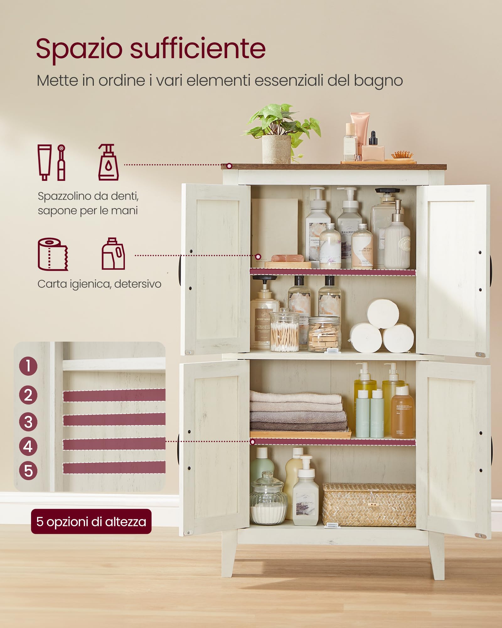 VASAGLE Collezione LIRY - Mobile da Bagno in Stile Farmhouse, Mobiletto con Ante in Stile Fienile, Credenza Cucina, Ripiani Regolabili, Sala da Pranzo Soggiorno, Bianco Vintage BBK773W01