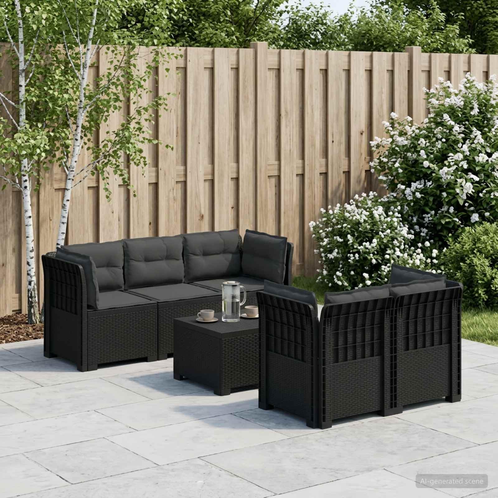 Sofá de Jardín de 5 Plazas con Cojines Estilo Ratan PP, Sofás modulares de Exterior, 67.52 kg-3443907