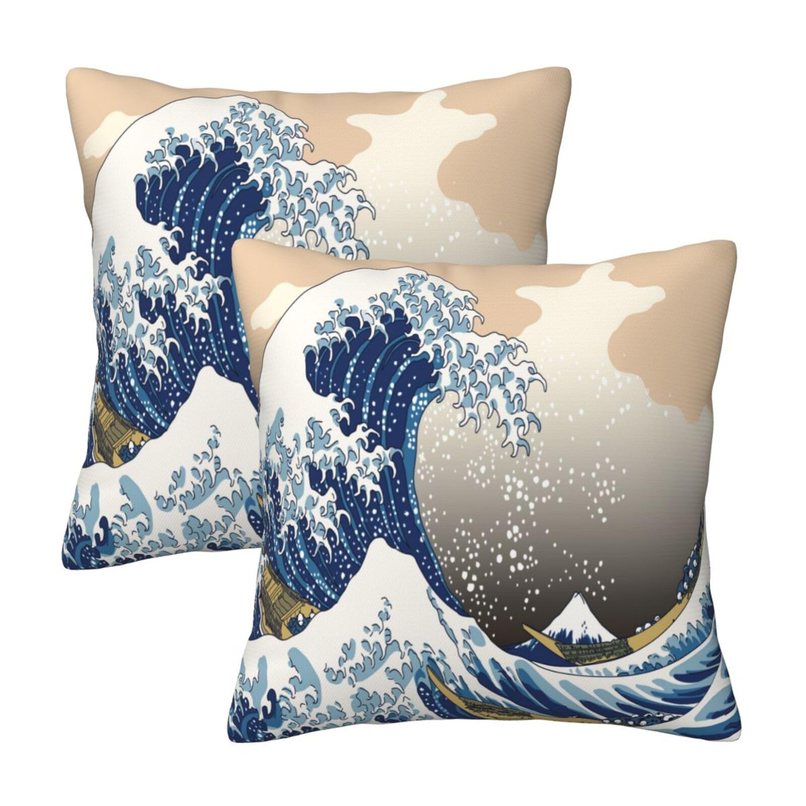 Gearsly Set Of 2 Cushion Covers 20x20 Inch,Japanese Great Ocean Wave Boat Pillow Cases,Square Outdoor Decorative Thorw Pillow Covers,Sofa Pillowcases For Living Room Office Car Home Decor