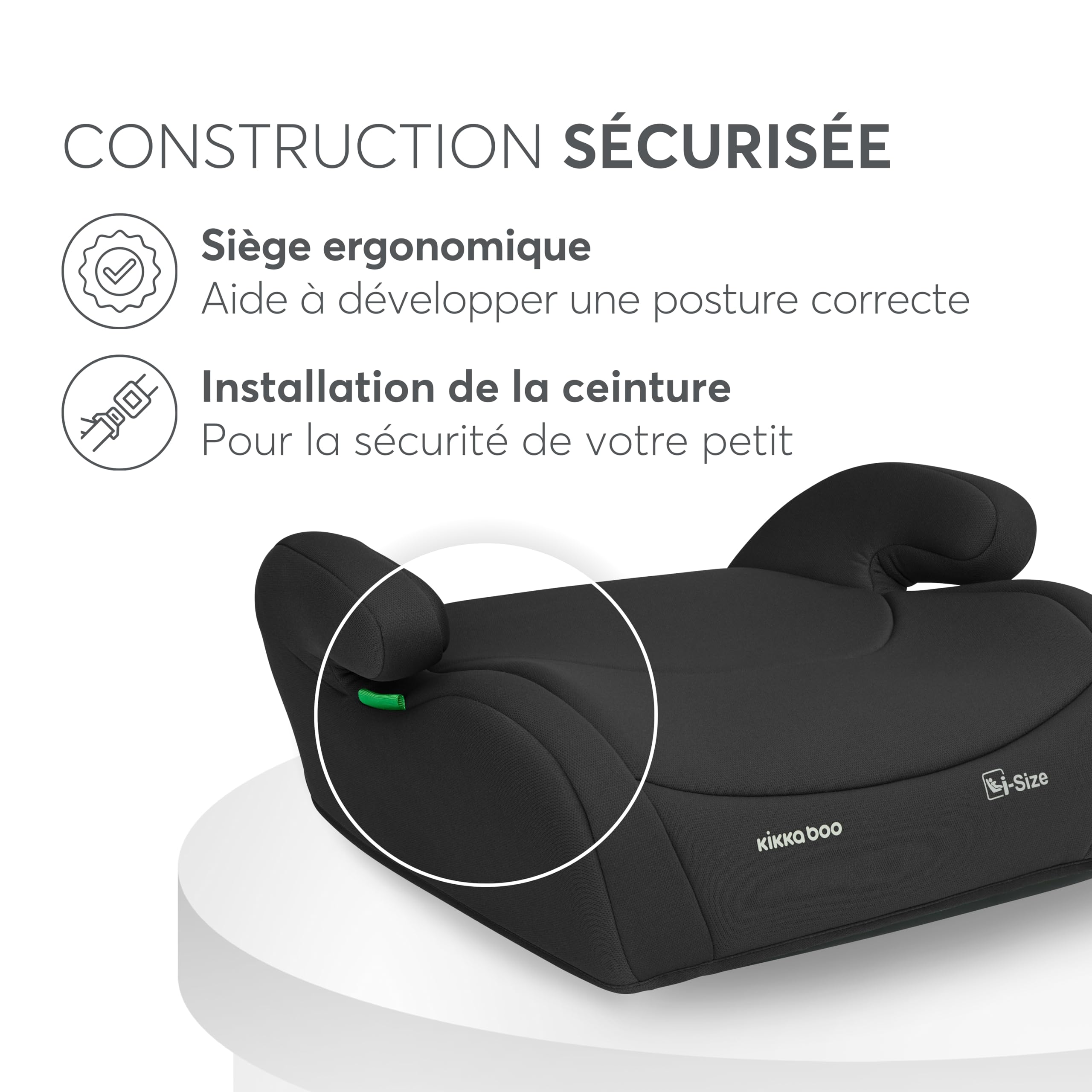 KikkaBoo Siège auto 15 à 36 kg i-AID, Siège Auto Enfant 100-150 cm, Groupe 2/3, Rehausseur à Dossier, Installation Ceinture, Appuie-tête Réglable 13 Positions, i-Size, Housse Lavable, Noir