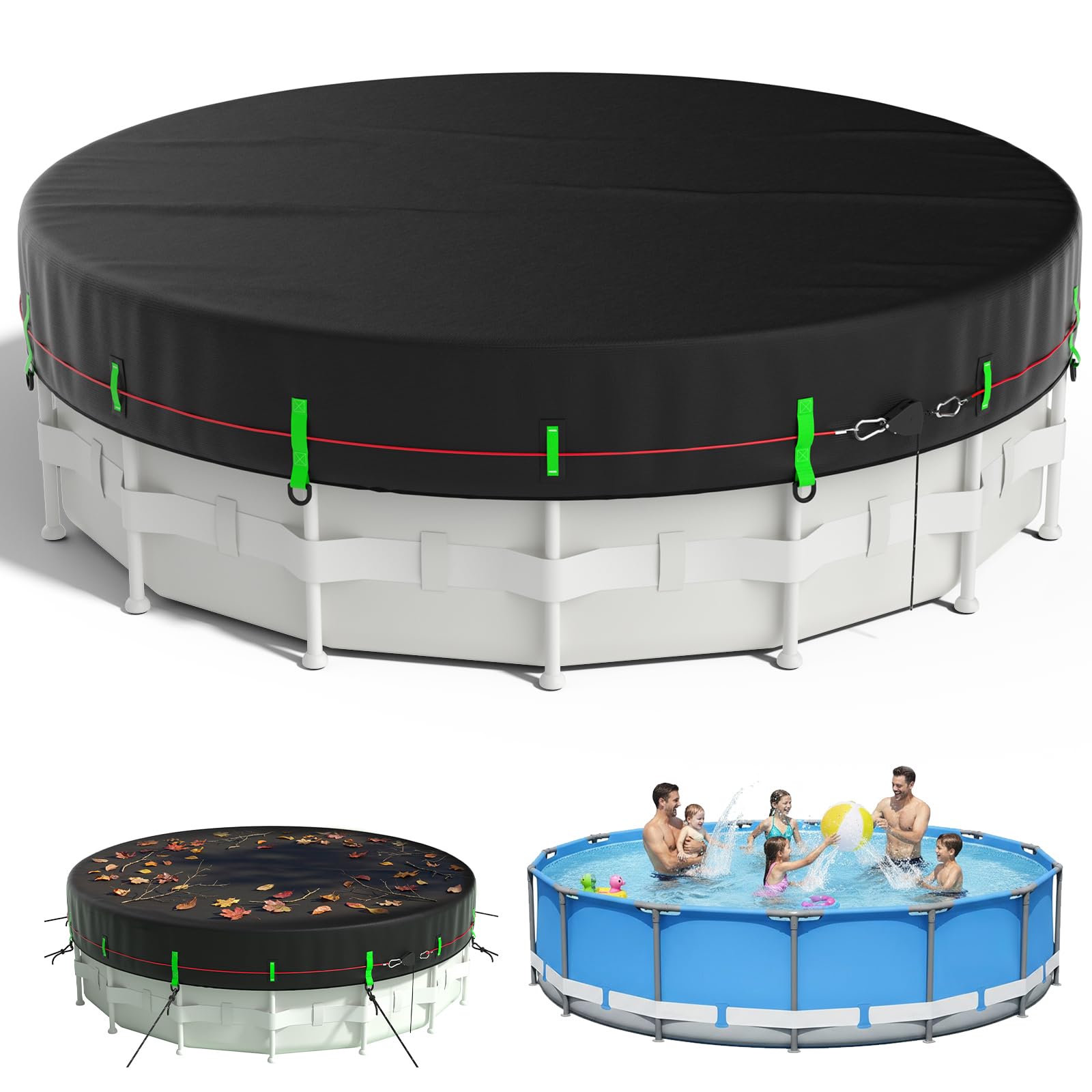 Photo 1 of 18ft Round Pool Cover, 420D Heavy Duty Above Ground Pool Cover, Super Windproof with Ratchet Tensioner, Reinforced Steel Cable & Ground Nails, Keep Leaves Out, Tear & UV Resistant