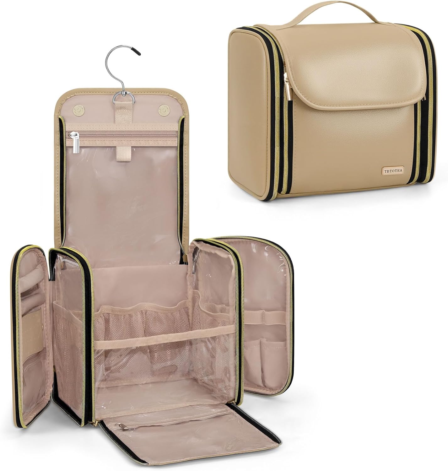 Hanging Toiletry Bag, PU Leather Makeup Bag Large Capacity with Jewelry Organizer for Brushes Set, Cosmetic Accessories, Khaki