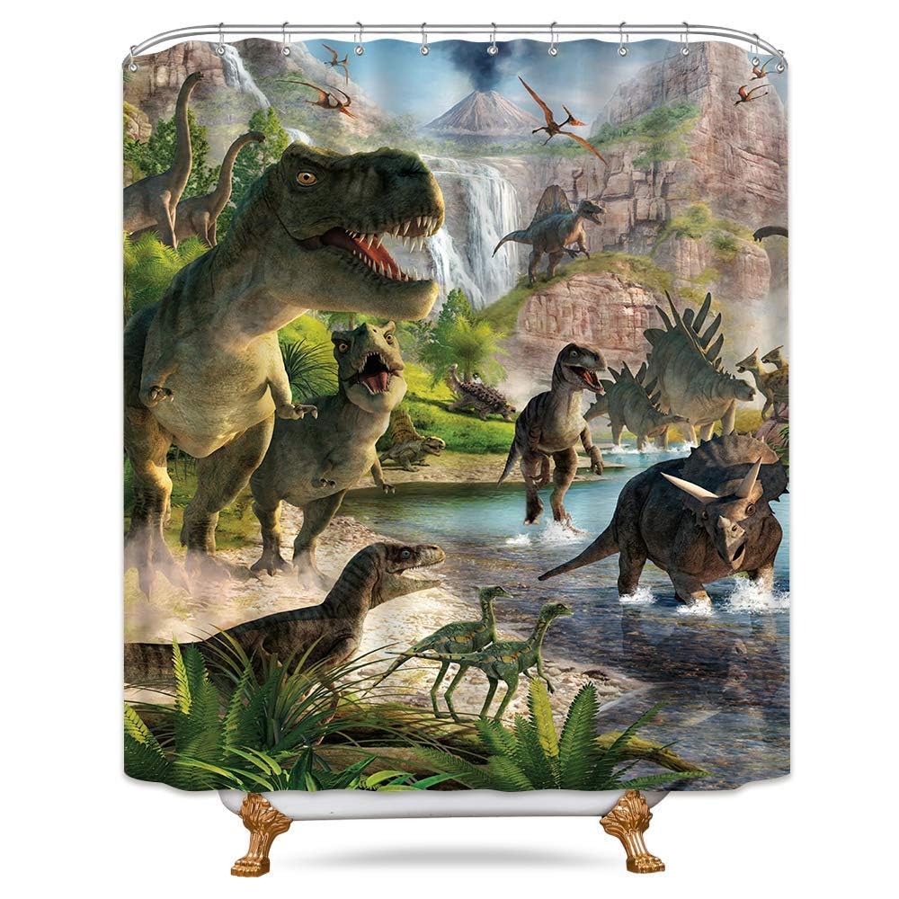 Joocar C18 Design Shower Curtain Kids Dinosaur Animal Jungle Forest Mountain Decor Waterproof Cloth Fabric Bathroom Decor Set With Hooks,72X72 Inch