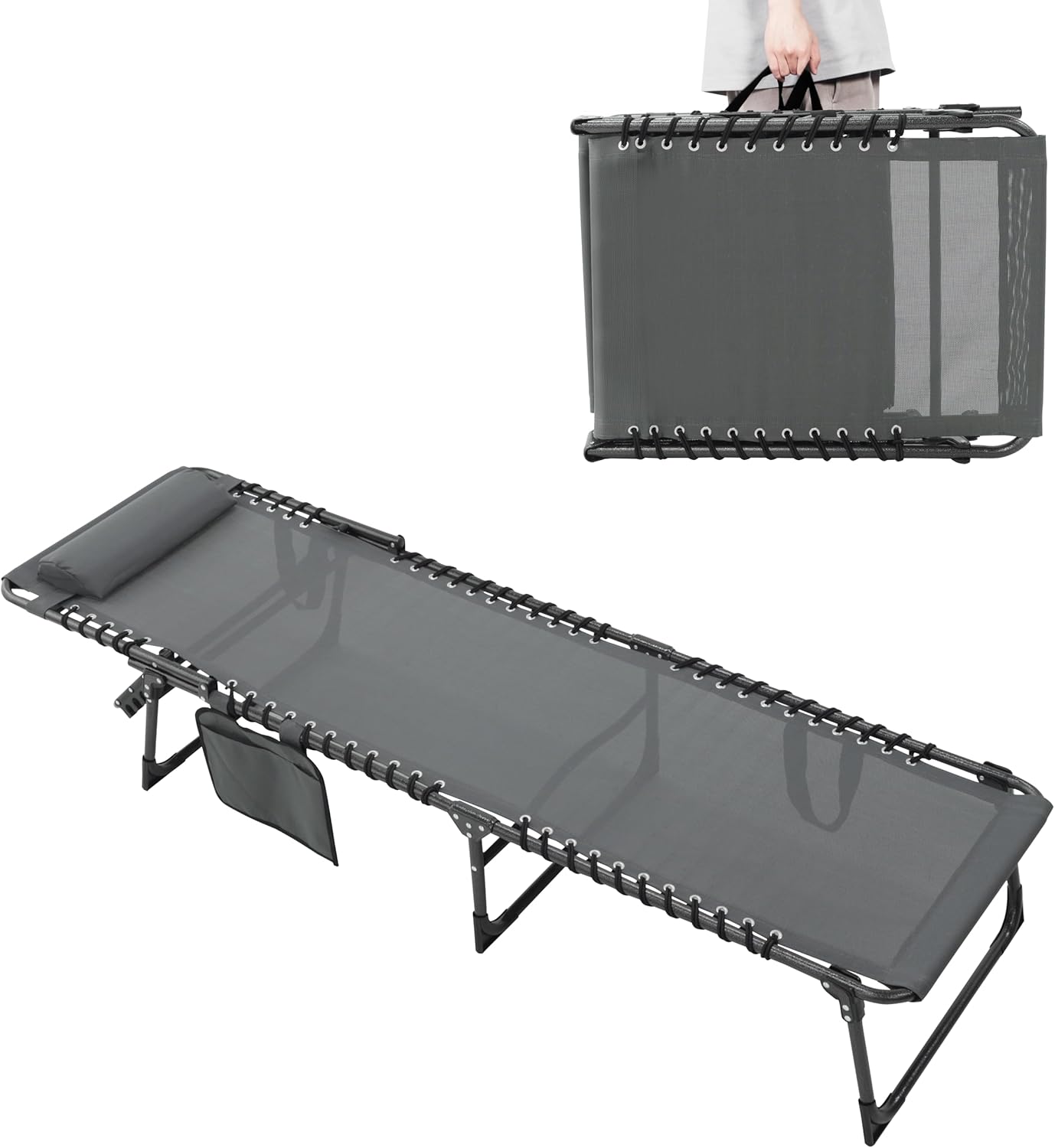 Yardenaler Outdoor Foldable Chaise Lounge Chair with Detachable Pillow & Pocket, Portable Tanning Chair with 5 Position Adjustable Back, Patio, Beach and Pool, Grey