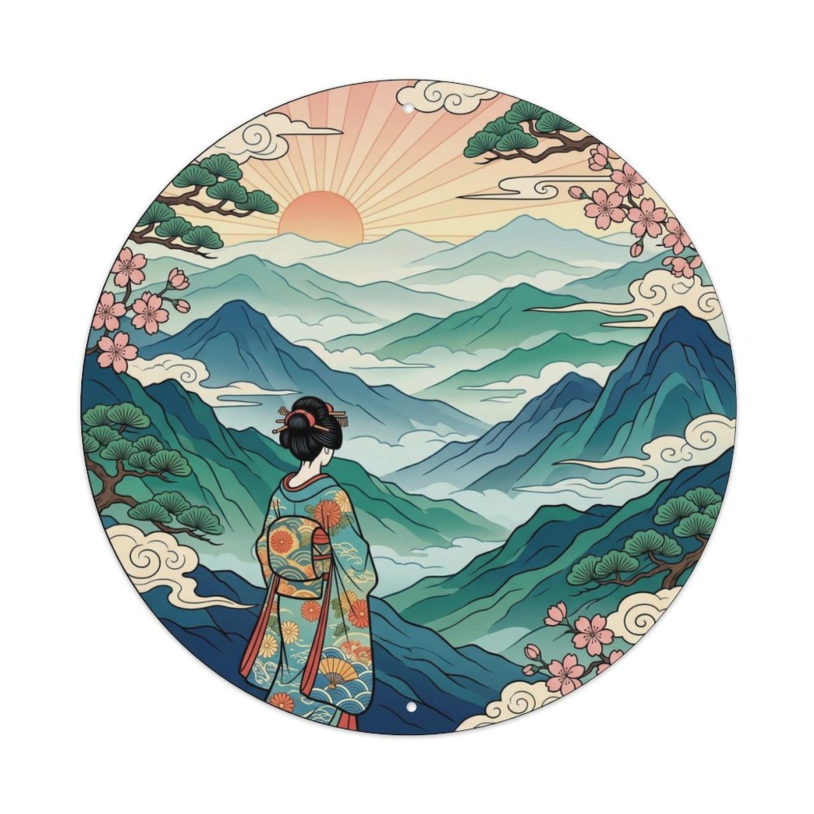 Galvaxio Style Japanese Kimono Woman Observing Mountain Ranges Layered Metal Tin Sign