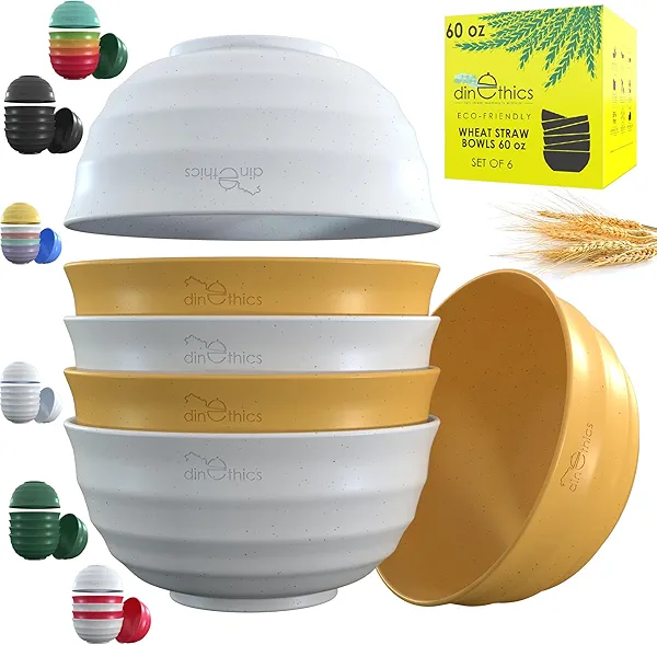 DINETHICS 6 Wheat Straw Bowls - 60 Oz, Microwave & Dishwasher Safe - Modern Style, Yellow & White, Plain Solid, Round, Classic Theme - Salad, Fruit, Dinner - 60 Fl Oz