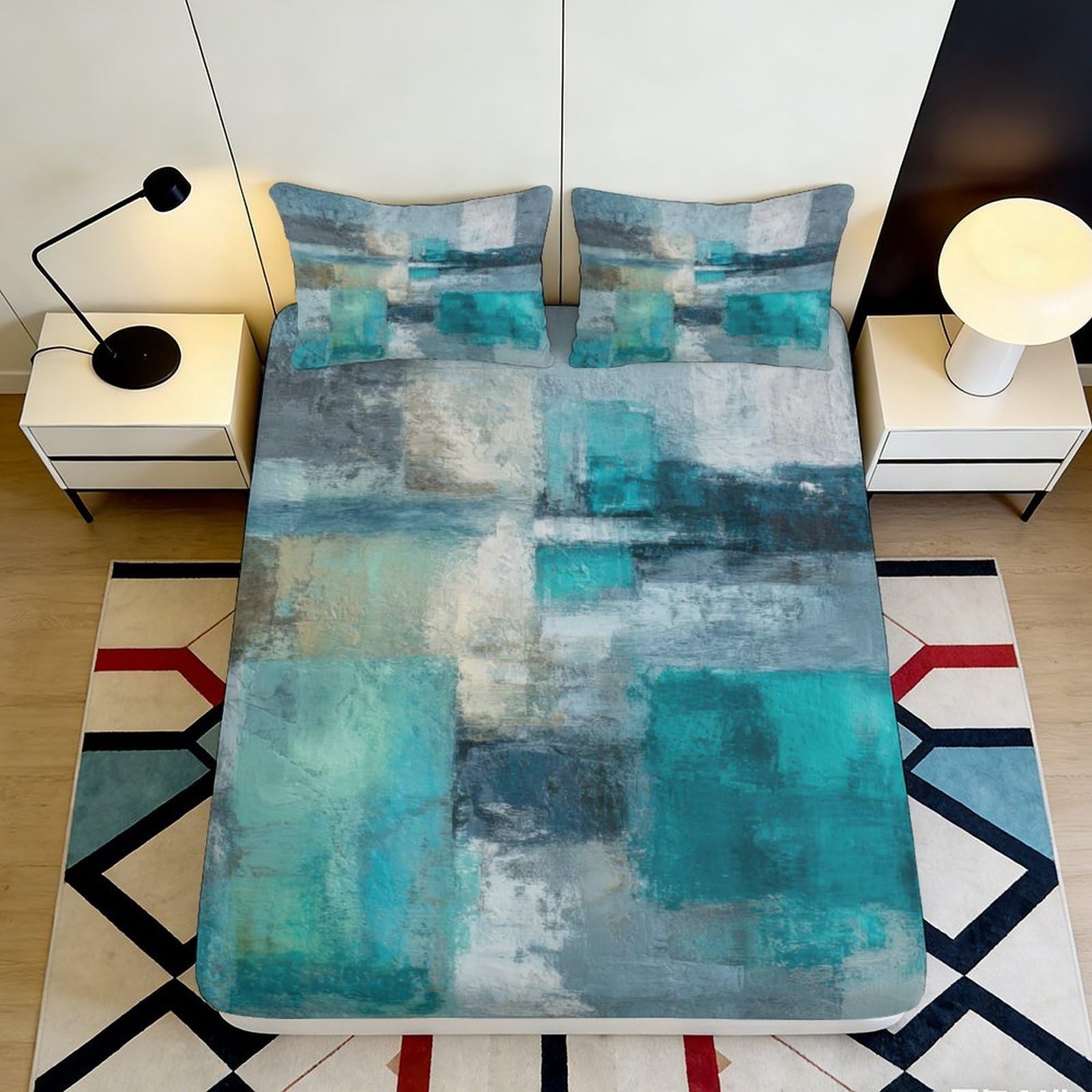 Dhbaneiok Style-5 3D Printed Abstract Watercolor Fitted Sheet Microfiber Soft Breathable Geometric Block Mattress Cover Bedroom Decor 90X200x25cm