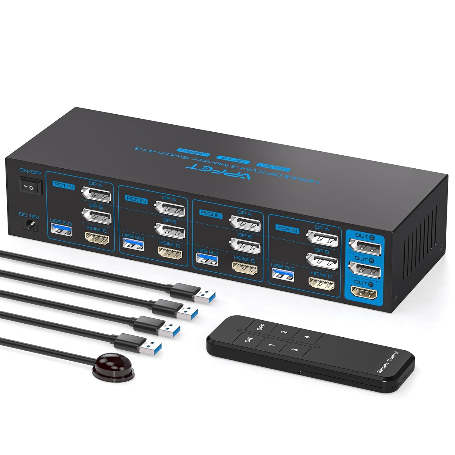 8K HDMI + 2 Displayport KVM Switch 3 Monitors 4 Computers 4K144Hz USB 3.0 KVM Switches Triple Monitor for 4 Computer Share 3 Monitor and 4 USB 3.0 Ports Support Extended/Copy Mode