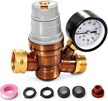 RV Water Pressure Regulator, Adjustable Water Pressure Reducer with Gauge, Rotatable Scale Dial and Built-in Mesh Filter for RV Camper, Travel Trailer & Home Plumbing Systems