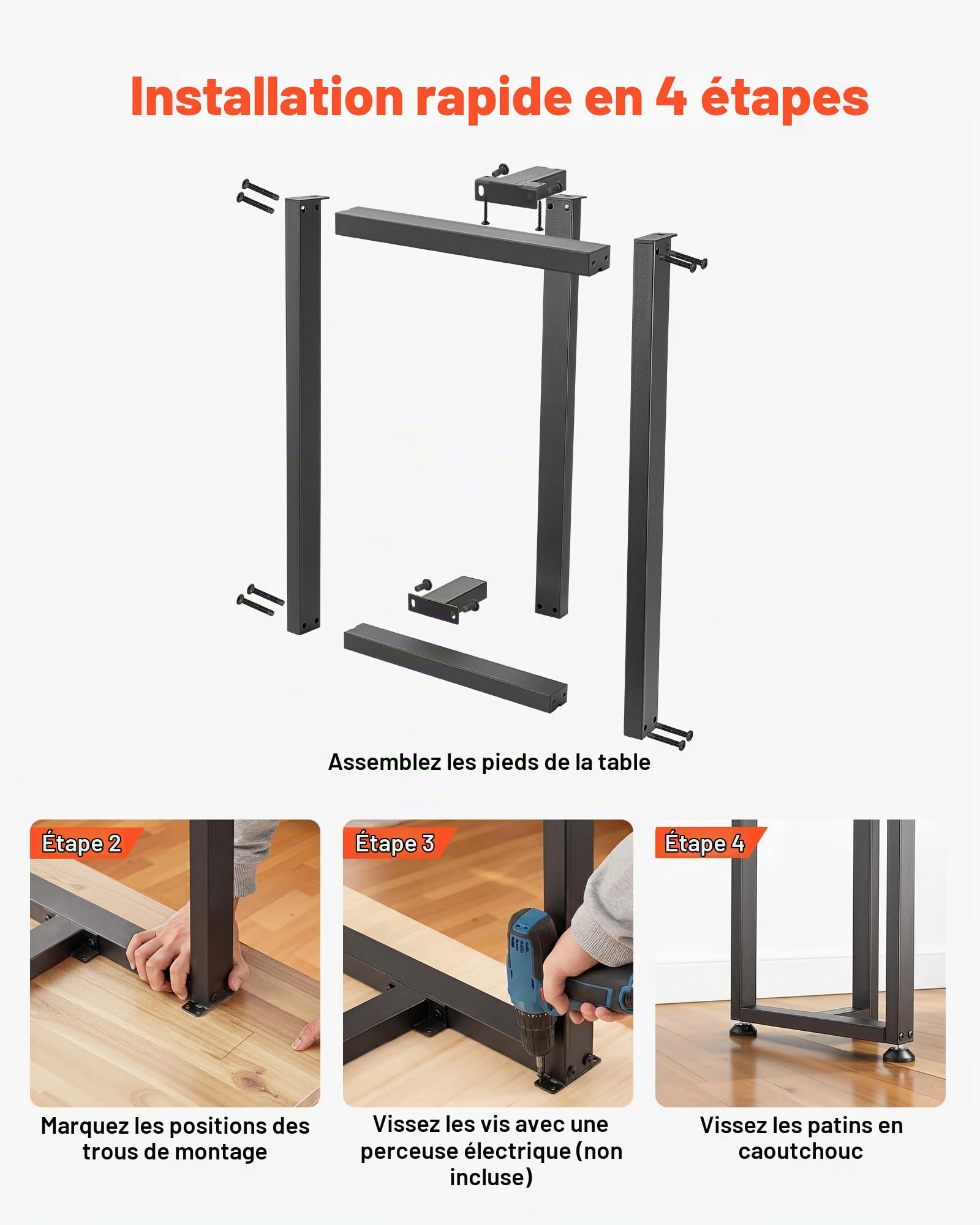 VEVOR Pieds de Table Rectangulaires en T 740x450 mm Lot de 2 Pieds de Bureau en Acier au Carbone, Charge Max. 1000 kg pour Bureau, Table à Manger, Établi, Plan de Travail et Table de Bar, Patins, Noir