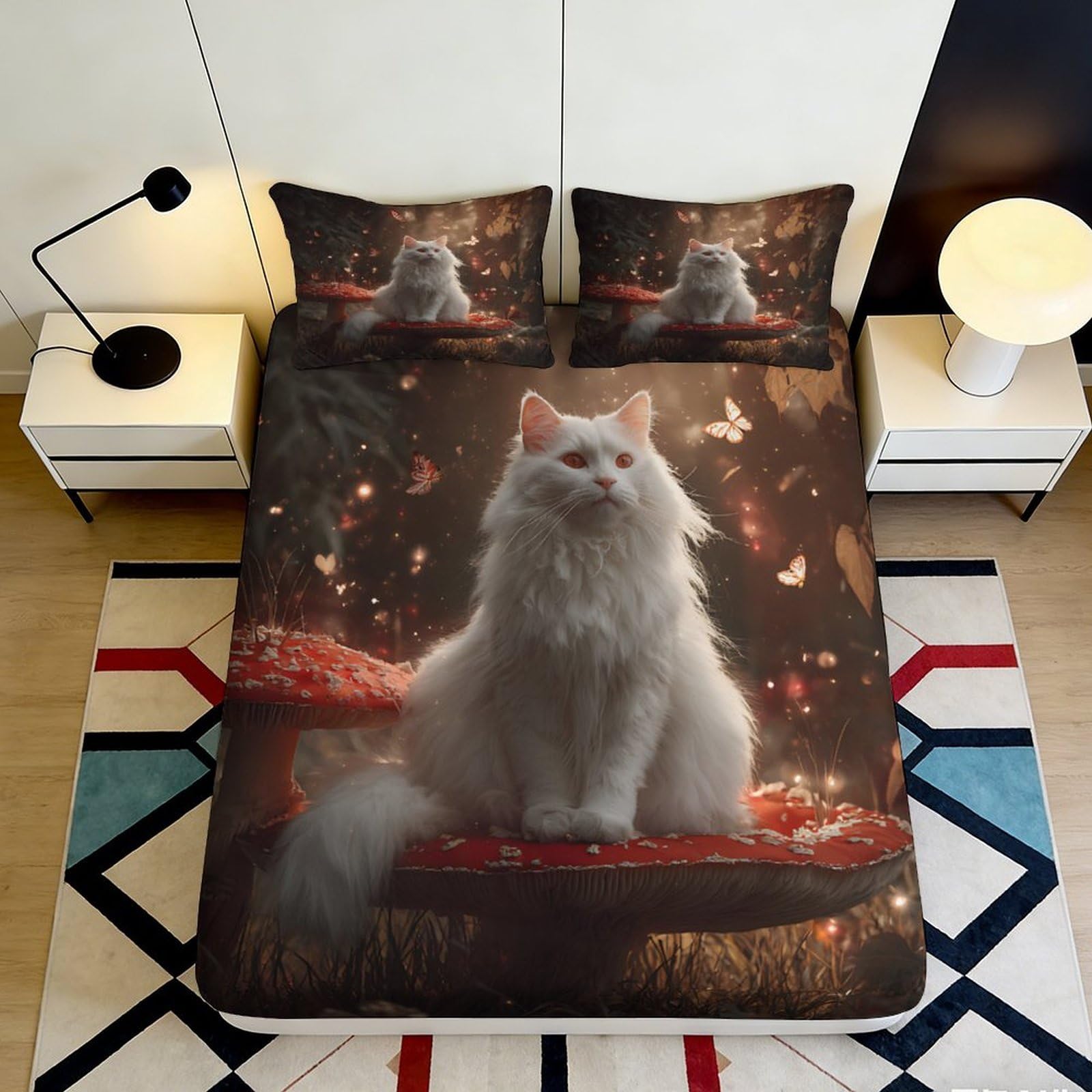 3D Printed White Cat Fantasy Fitted Sheet Microfiber Soft Bed Sheet for Bedroom Dorm Mattress Cover Decor 115 140x200x25cm