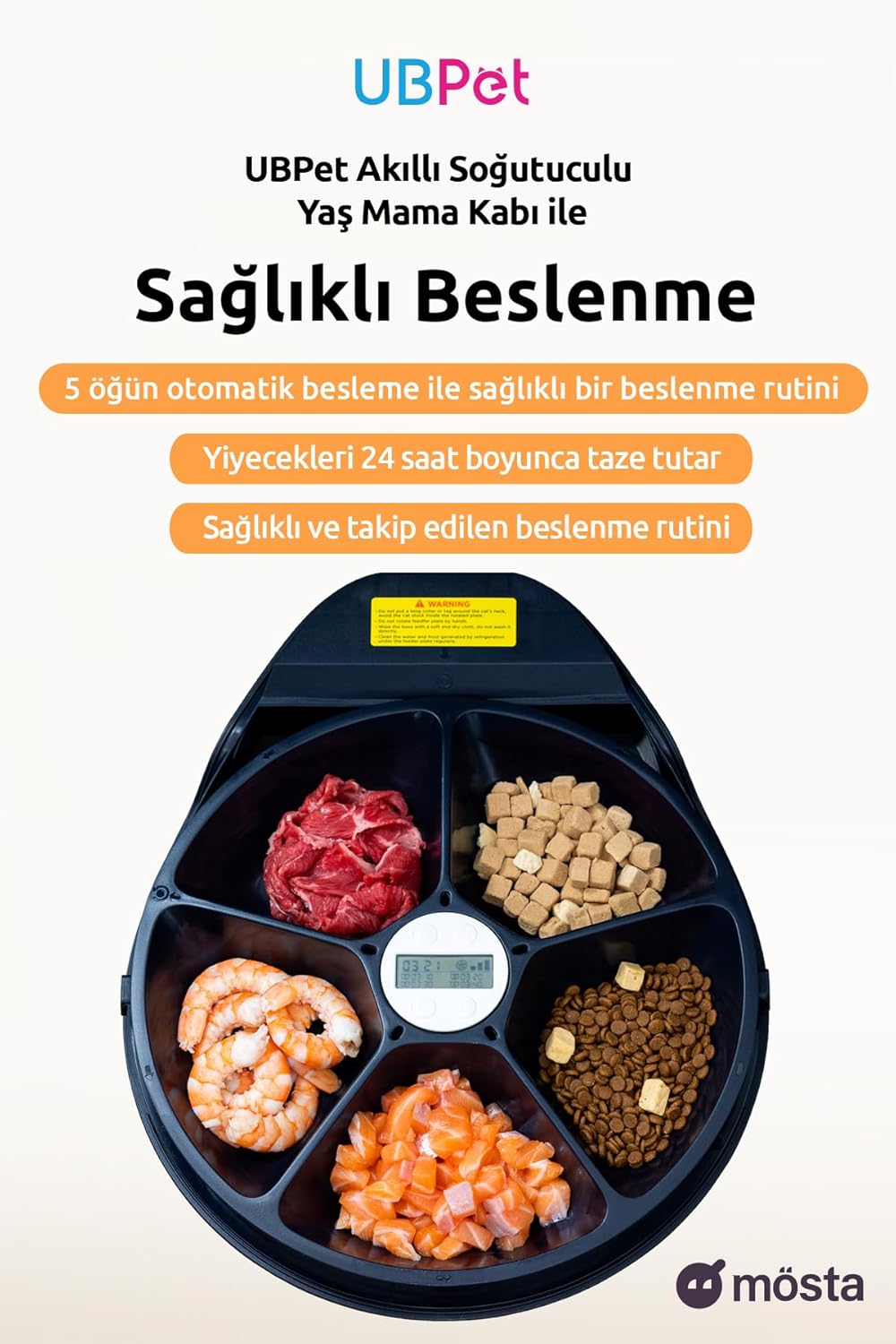 UBPet Smart Cooled Automatic Wet Food Feeder with compartments filled with various pet foods