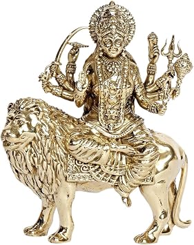 Brass Goddess Durga Idol on Lion | Hindu God Figurine Maa Sherawali Murti for Home Temple & Mandir Decorative Showpiece | Hindu God Statue Gifts
