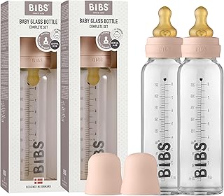 BIBS Baby Glass Bottle 225ml, 2er Pack, Vermindert Koliken, Runder Sauger aus Naturkautschuklatex, Unterstützt das Stillen, Complete Set - 225 ml (Pack of 2), Blush