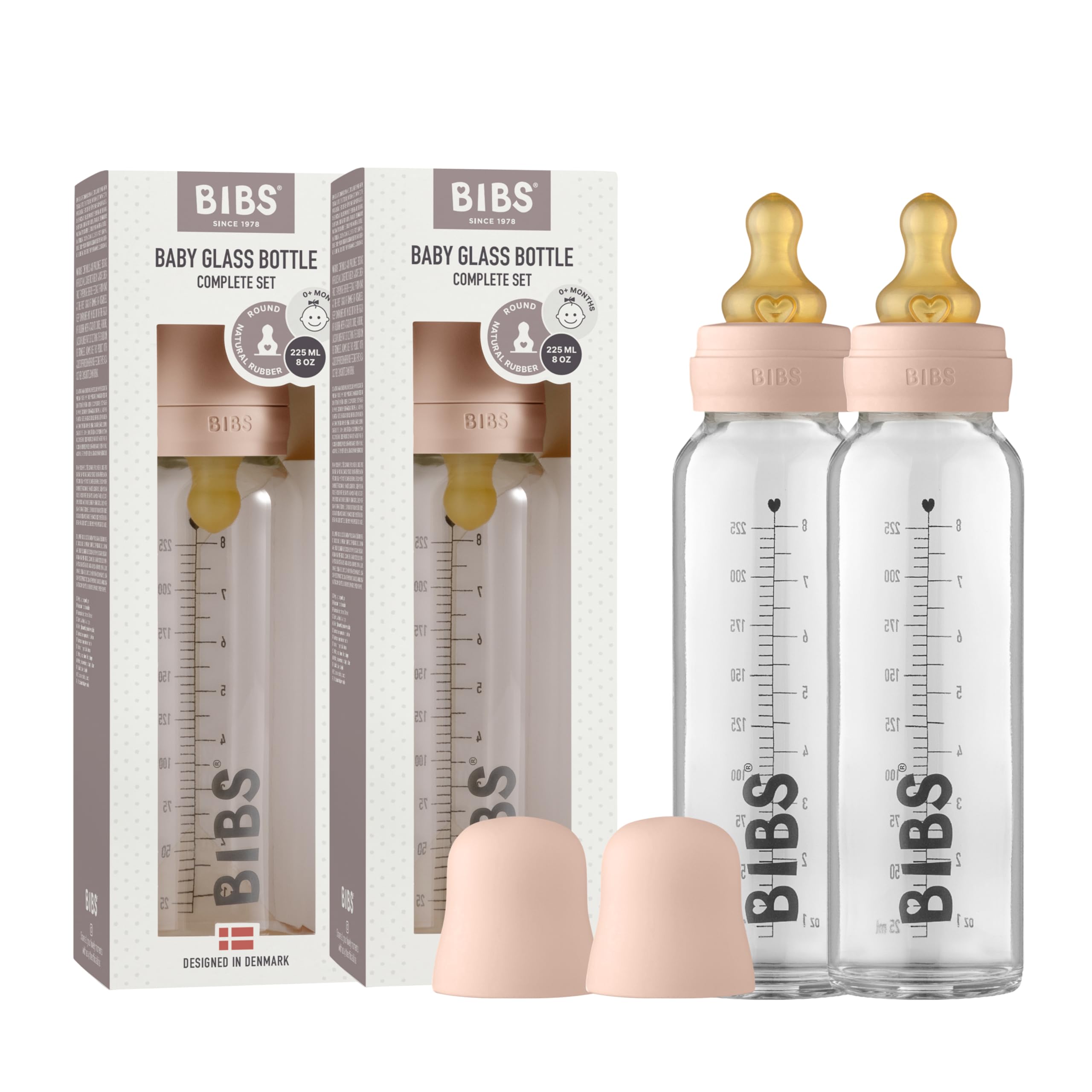 Butelka ze szkła BIBS. Antykolka, zestaw 2. Okrągły smoczek z naturalnego lateksu kauczukowego, wspomaga naturalne karmienie piersią, kompletny zestaw - 225 ml (opakowanie 2), róż