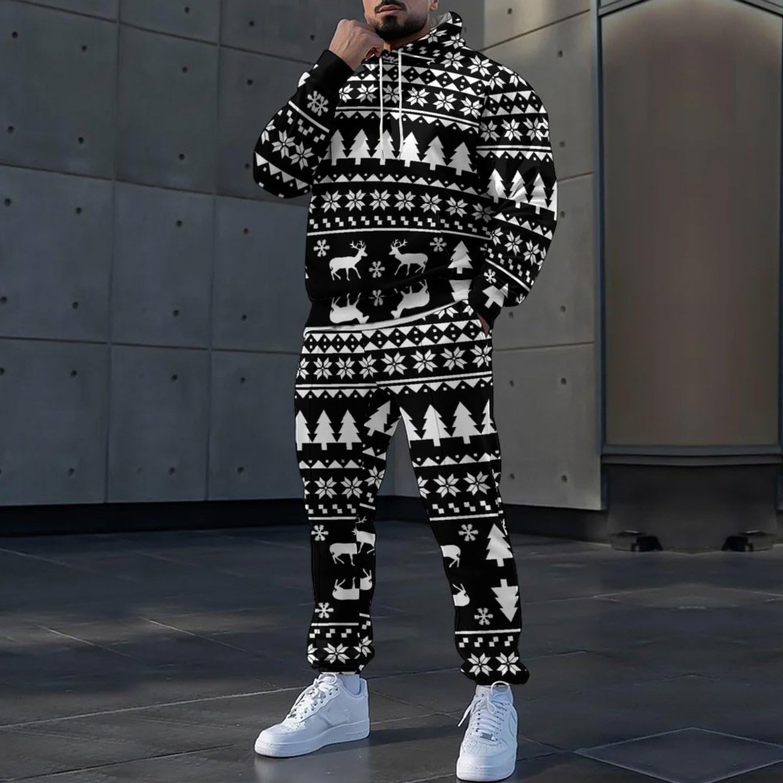 Générique Set di abbigliamento sportivo da uomo 2 pezzi Pantaloni della tuta con cappuccio stampati natalizi casual da uomo