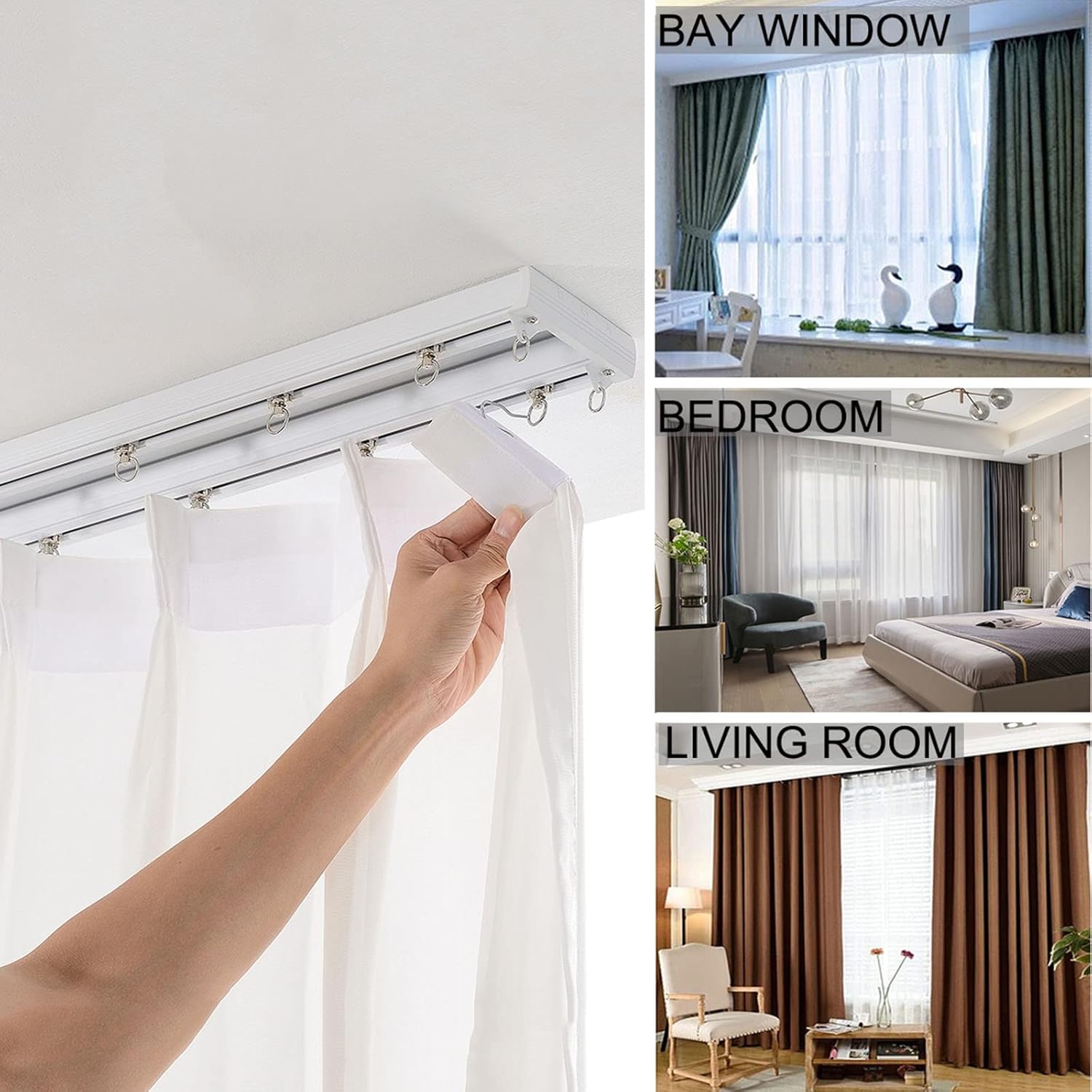 Ceiling Curtain Track with Double Rows of Pulleys, Heavy-Duty Aluminum Curtain Rail Set, Comes with Tracks,Rollers,Installation Hardware and End Cap(Color:White,Size:4m/13.1ft)