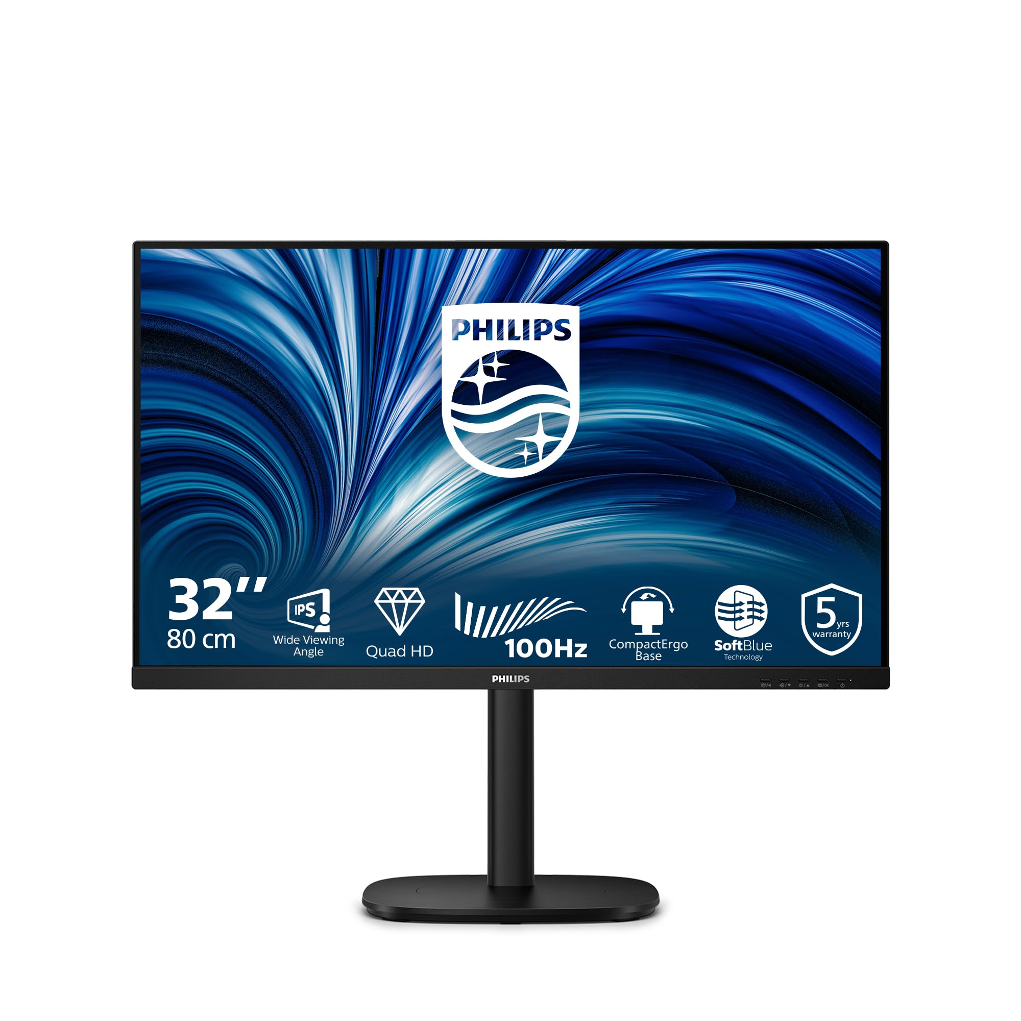 Philips 32B2U3601H 31.5 inch WQHD Monitor 100Hz, IPS Panel, 4ms GtG, Adaptive Sync, Height Adjustment, Speakers, Hello Webcam (2560x1440 HDMI 1x 2.0 (2.1 TMDS) DP USB Hub) Black