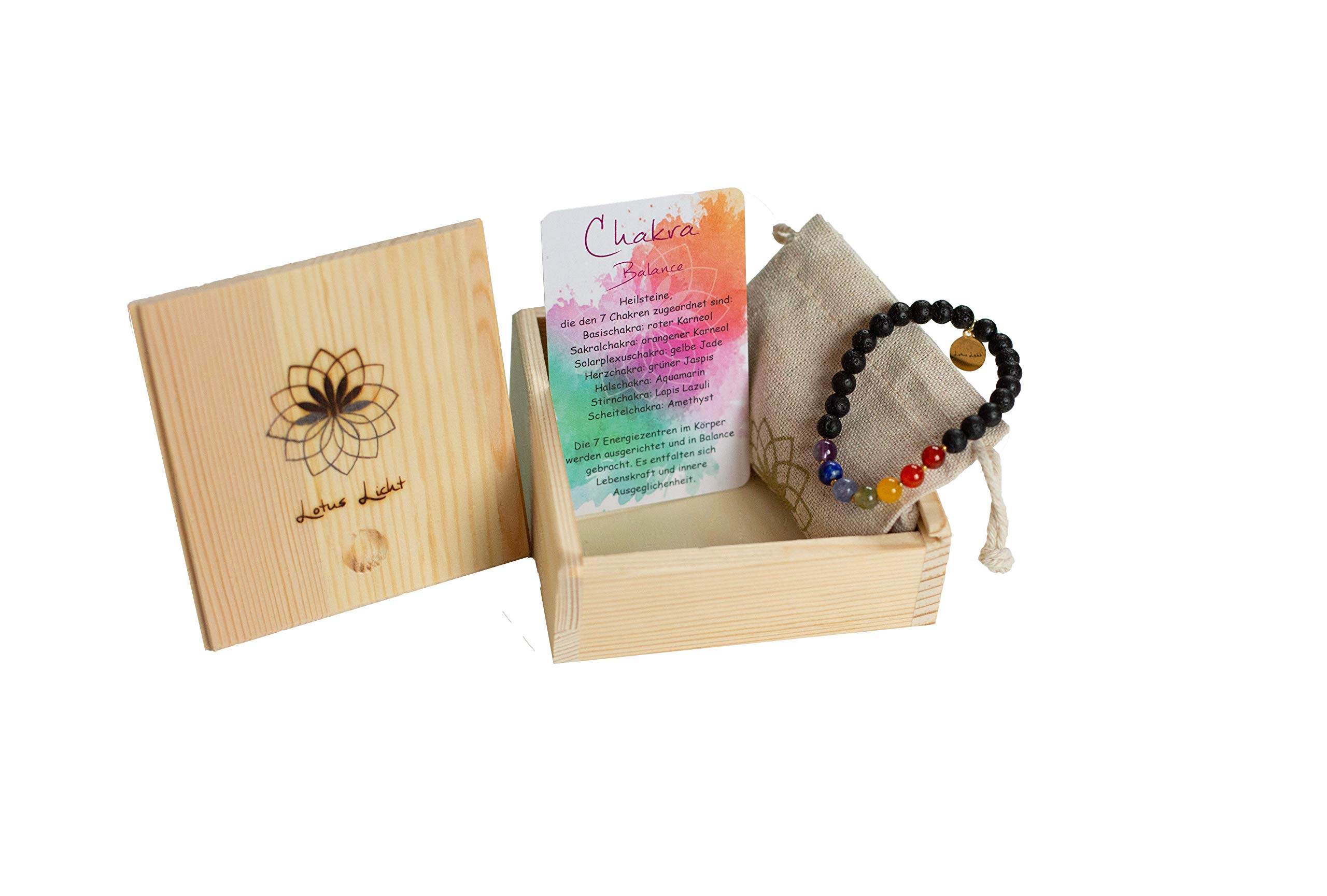 Edelstein armband Chakra Set echte steine mit Holzbox Jute-Täschchen Affirmationskarten BALANCE Naturstein Lavastein Armband handgemacht in Deutschland unisex