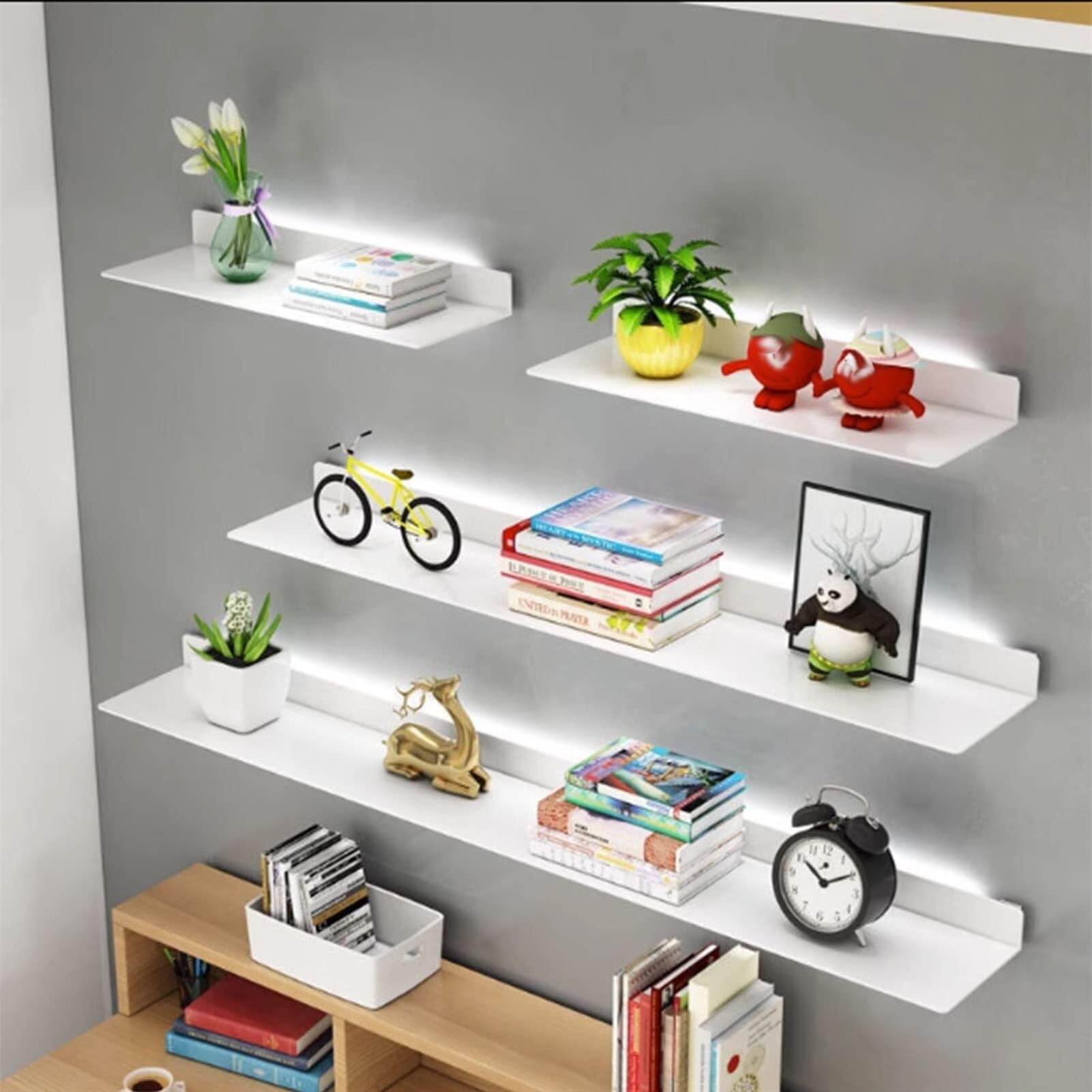 TYUHDUYUR Floating Wall Shelves with LED Warm Light,Double Sided Wall Mounted Floating Shelf Free Combination Light-Emitting Shelves (Noir 60cm) (White 60cm)