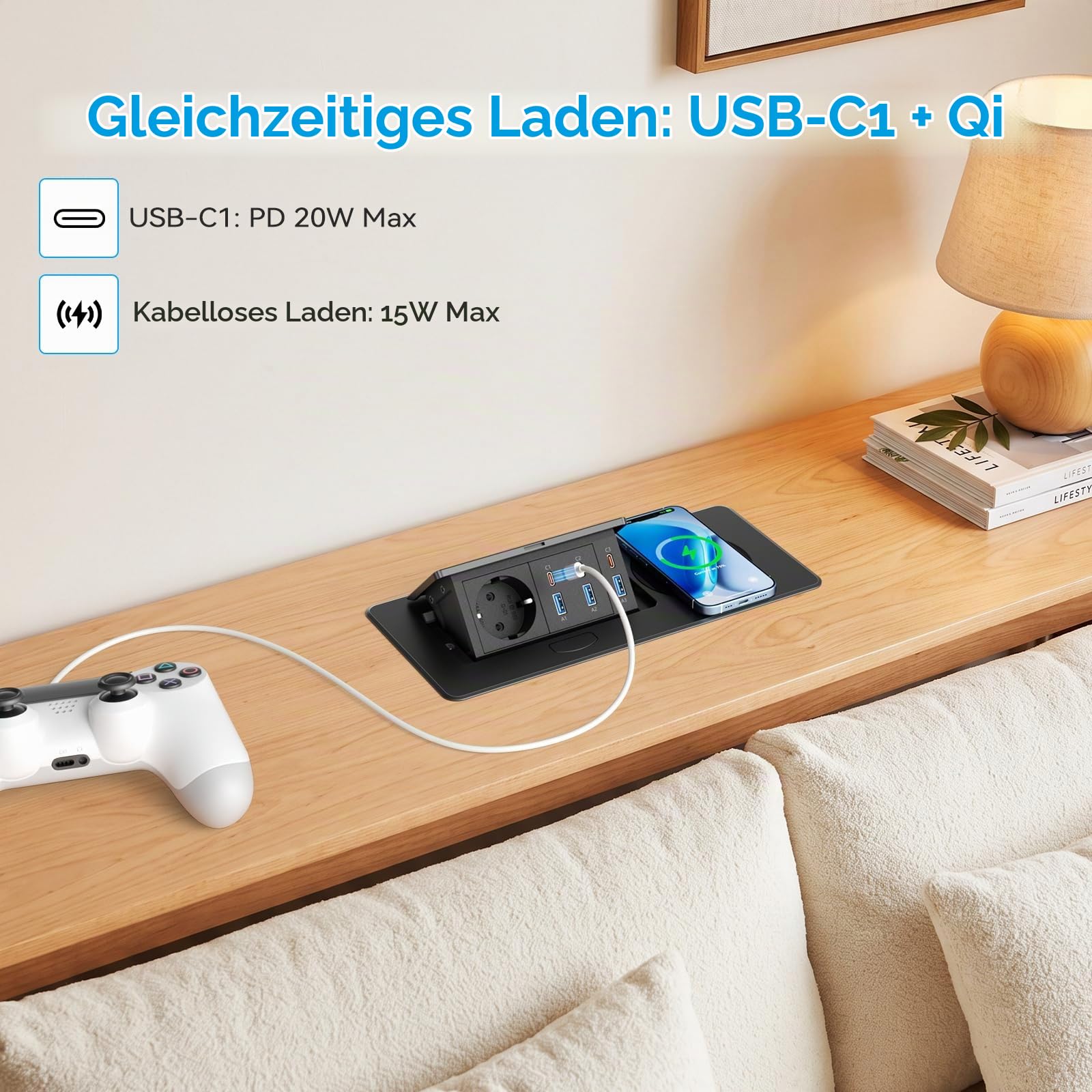 Alpheus Versenkbare Einbausteckdose mit kabellosem Laden 15W, USB-C1 PD 30W