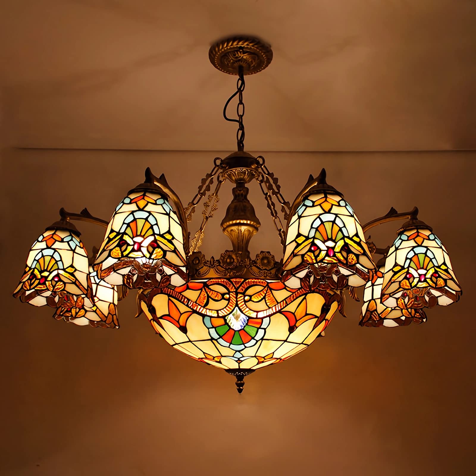 YNIYUJKL Tiffany-Style Baroque Chandeliers, Stained Glass Ceiling Pendant Light Fixtures For Living Room Bedroom Kitchen Hallway, E27 Bulb, Max40W,3 Lights-3 Lights (B),B