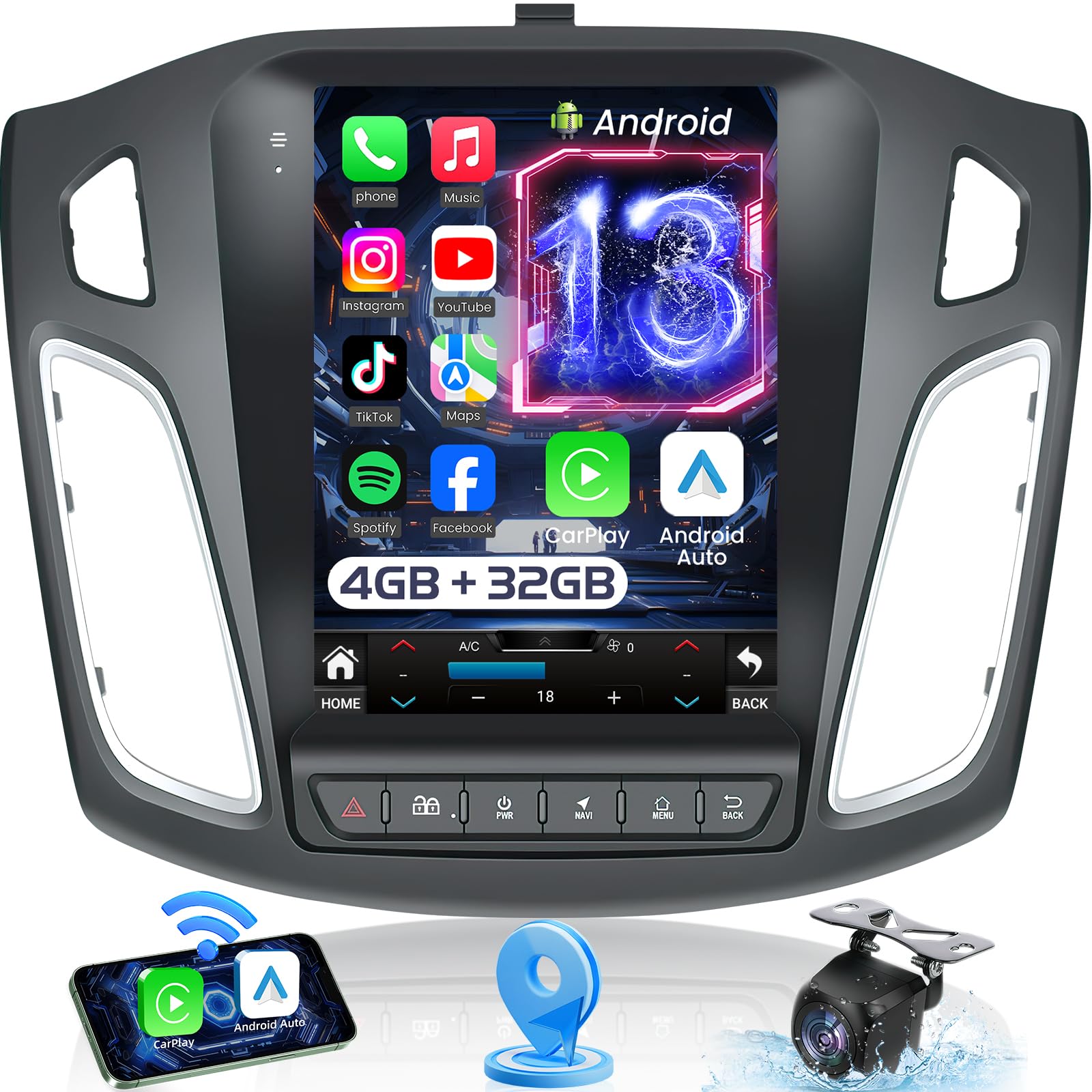 Car Radio for Ford Focus 2012-2018 : 8 Core 4G+32G Upgrade 9.7" 1280x800 IPS Touchscreen, Android 13 Stereo Support Wireless Carplay & Android Auto, 5GWiFi GPS FM RDS BT SWC Mic 1080P Backup Camera-image-3