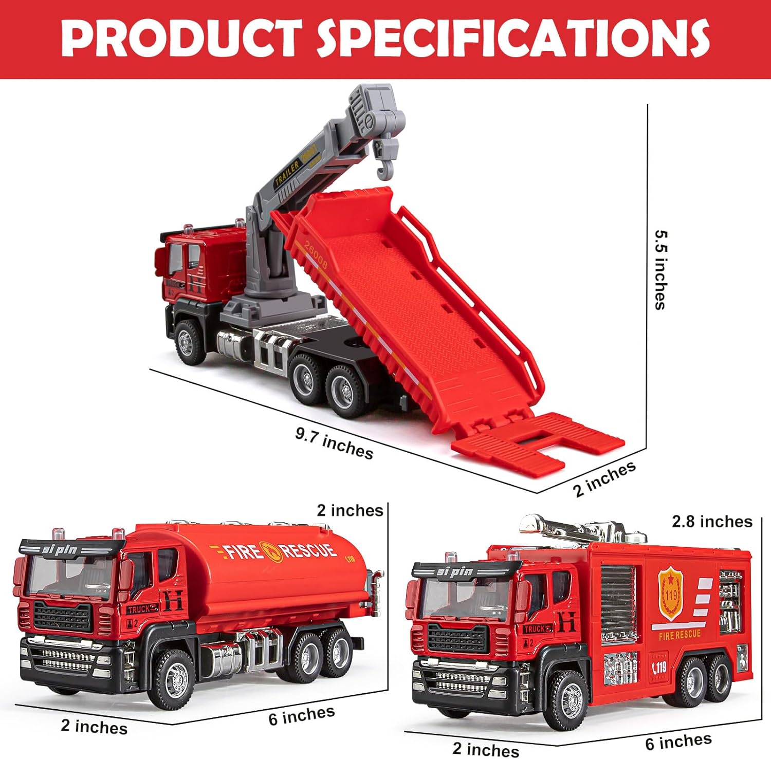 4 Packs Metal Fire Trucks Playsets, Mini Friction Powered Vehicle, Including Fire Engine, Ladder Truck, Die-cast Tank, Tow, Realistic Design for Toddlers Boys, Kids Aged 3+ Years Old