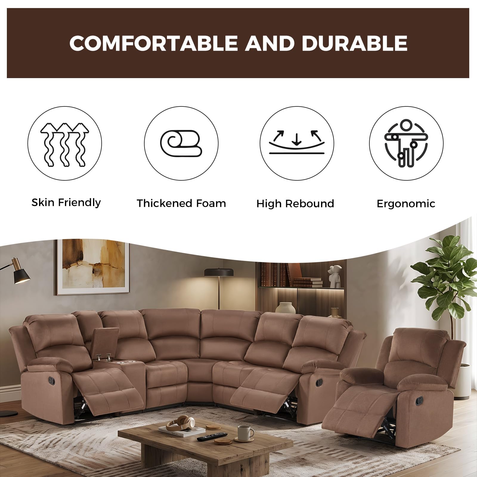 EBELLO Manual Reclining L-Shaped Sectional Sofa Set, Soft Microfiber Recliner Corner Couch with Center Console, Cup Holders and Storage, Recliner Sectional Couches for Living Room, Brown view 5