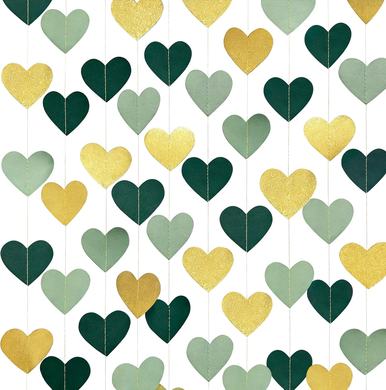 52Ft Sage Green Gold Love Heart Garland Hanging Glitter Gold Paper Olive Green Streamer for Woodland Safari Jungle Birthday Wedding Baby Shower Anniversary Bachelorette Engagement Valentines Day Party โ image 1
