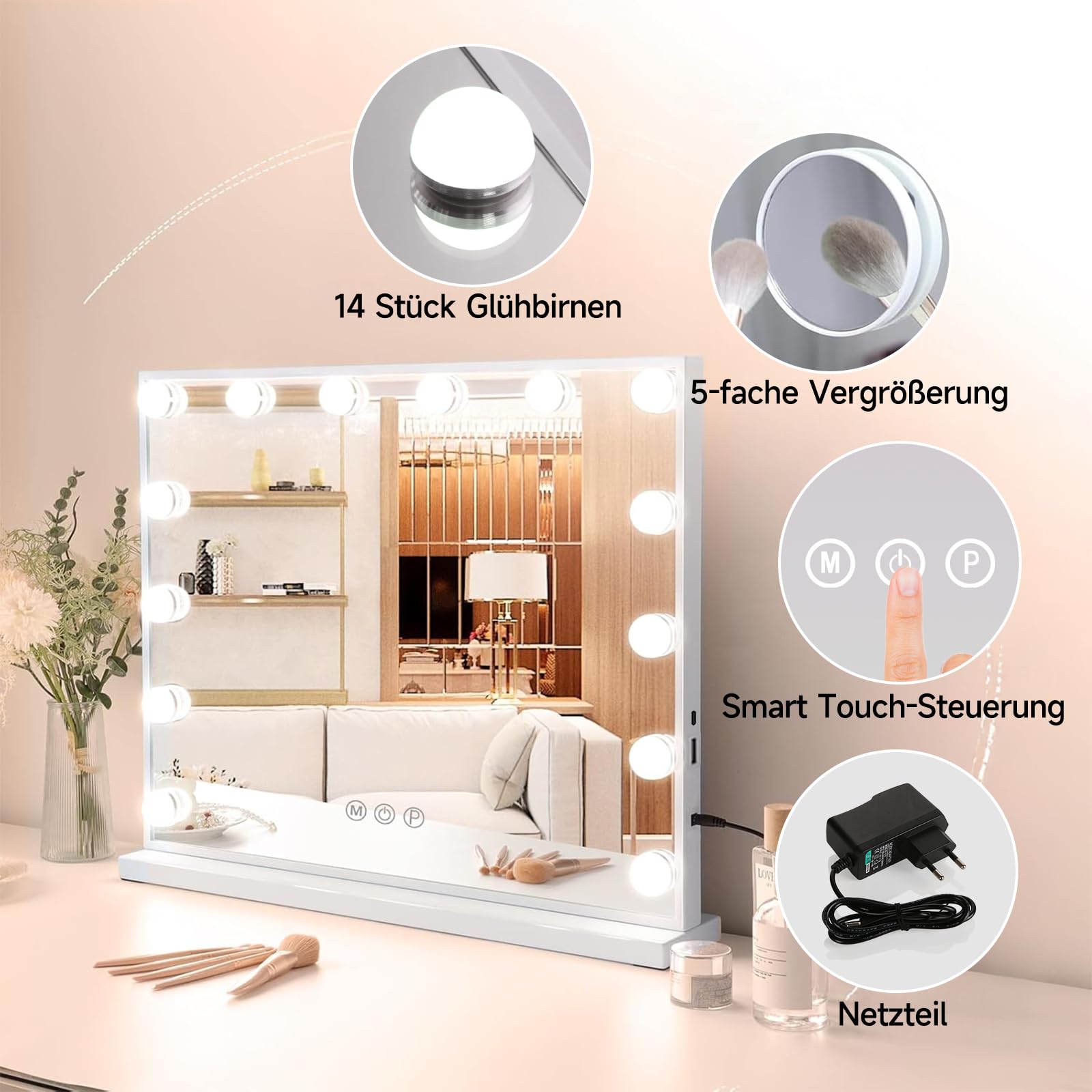 Hollywood - Specchio da trucco con illuminazione, 50 x 42 cm, 14 luci a LED, dimmerabile, 3 temperature di colore, con controllo touch, ingrandimento USB 12X, per camera da letto