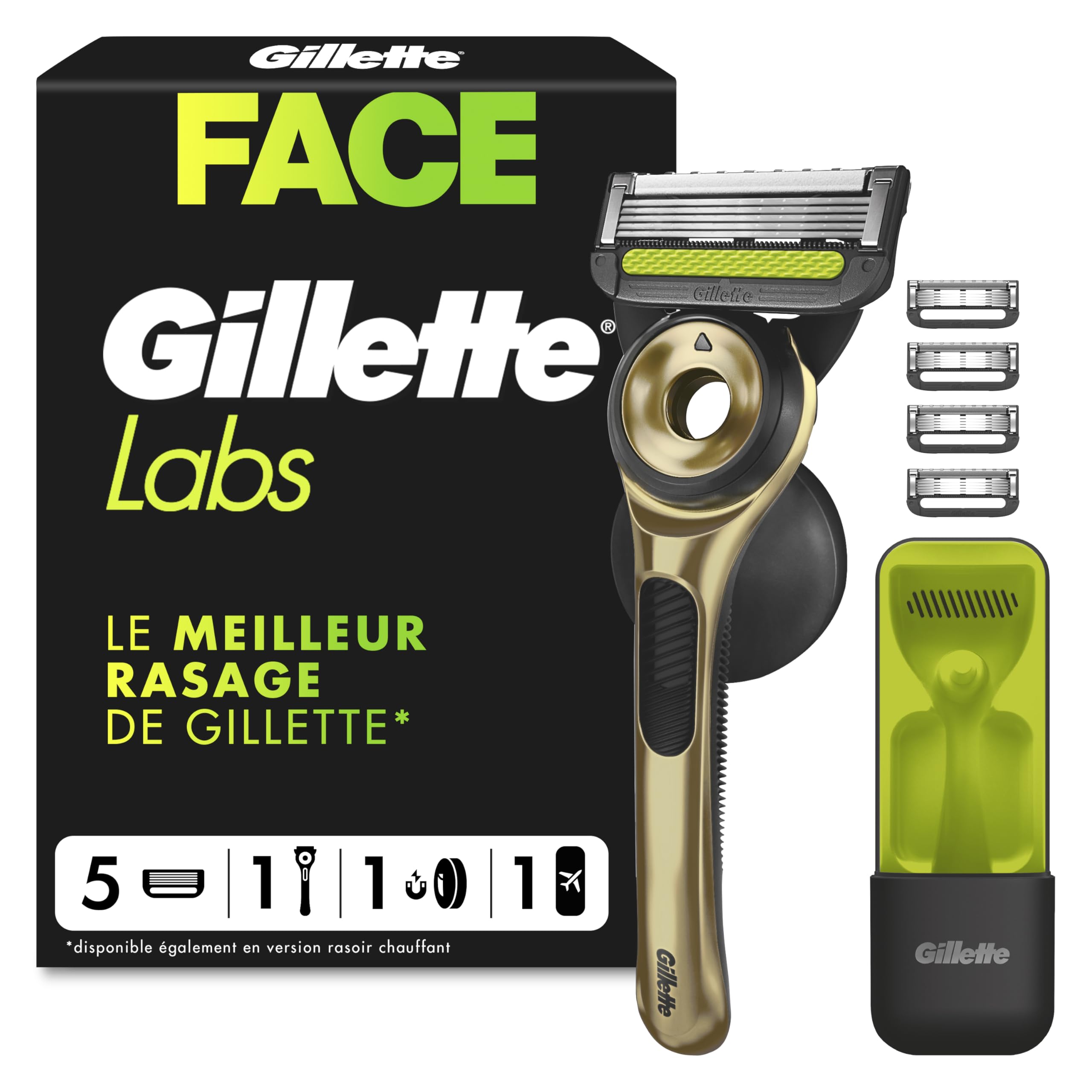 Gillette Labs Rasoir Home, Edition Limitée, avec 5 Recharges, Or – Manche Réutilisable en Métal, Cartouche de Rechange à Lames Affutées, Rasage Efficace avec la Technologie FlexDisc 2D