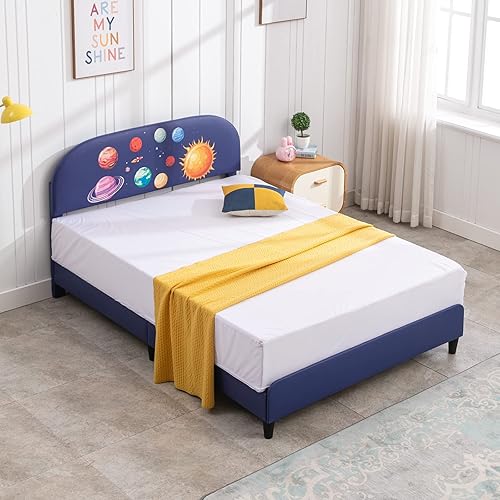 Miniatura 3 de cuoote Base de cama individual para niños con tapizado para niños niñas adolescentes no necesita somier diseño de planeta espacial