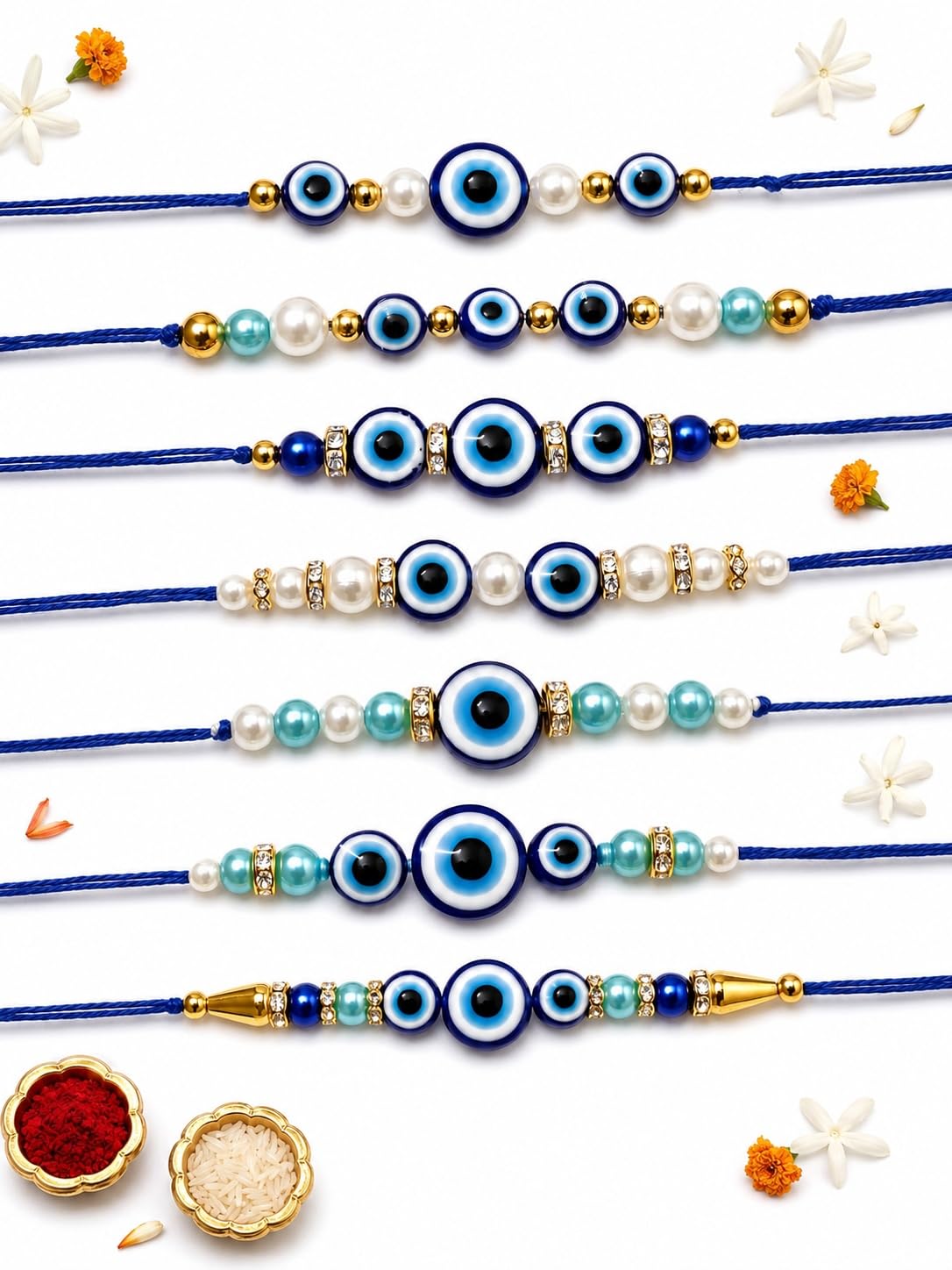 Designer Set of 7 Nazar Suraksha Rakhi for Brother Bhai Bhabhi with Roli Chawal Pack | Premium Traditional Rakshabandhan Rakhi for Bhai, Bhaiya & Men | Decorative Beaded & Stone | Handmade Festival Gift-image-38